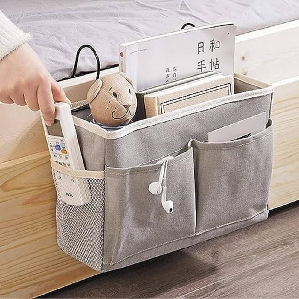 Bedside Caddy Essentials Pocket Hanging Storage Organizer - Sofa Side Hanger Holder Bag for Dorm, TV Remote Control, Phones, Magazines, Tablets - Hanging with Metal Hooks(Pack of 1, Multicolor)