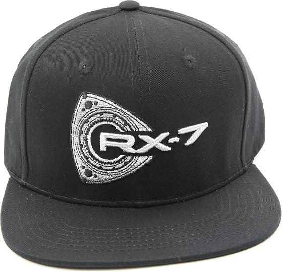 RX-7 Baseball Cap - Black Flat Brim Hat - Rotor & RX7 Logos Embroidery in Silver