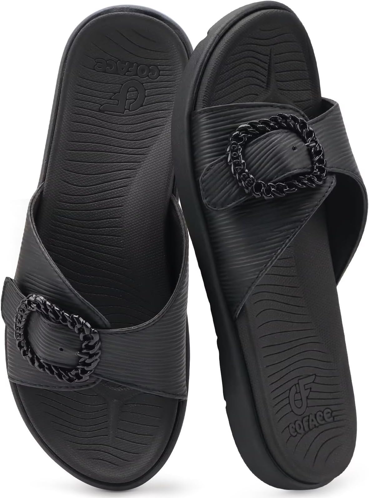 Womens Dressy Orthotic Slides Yoga Memory Foam Leather Cushion Recovery Walking Sandals Open Toe Strap Slip On Slippers Comfortable Plantar Fasciitis Arch Support Black Size 7.5