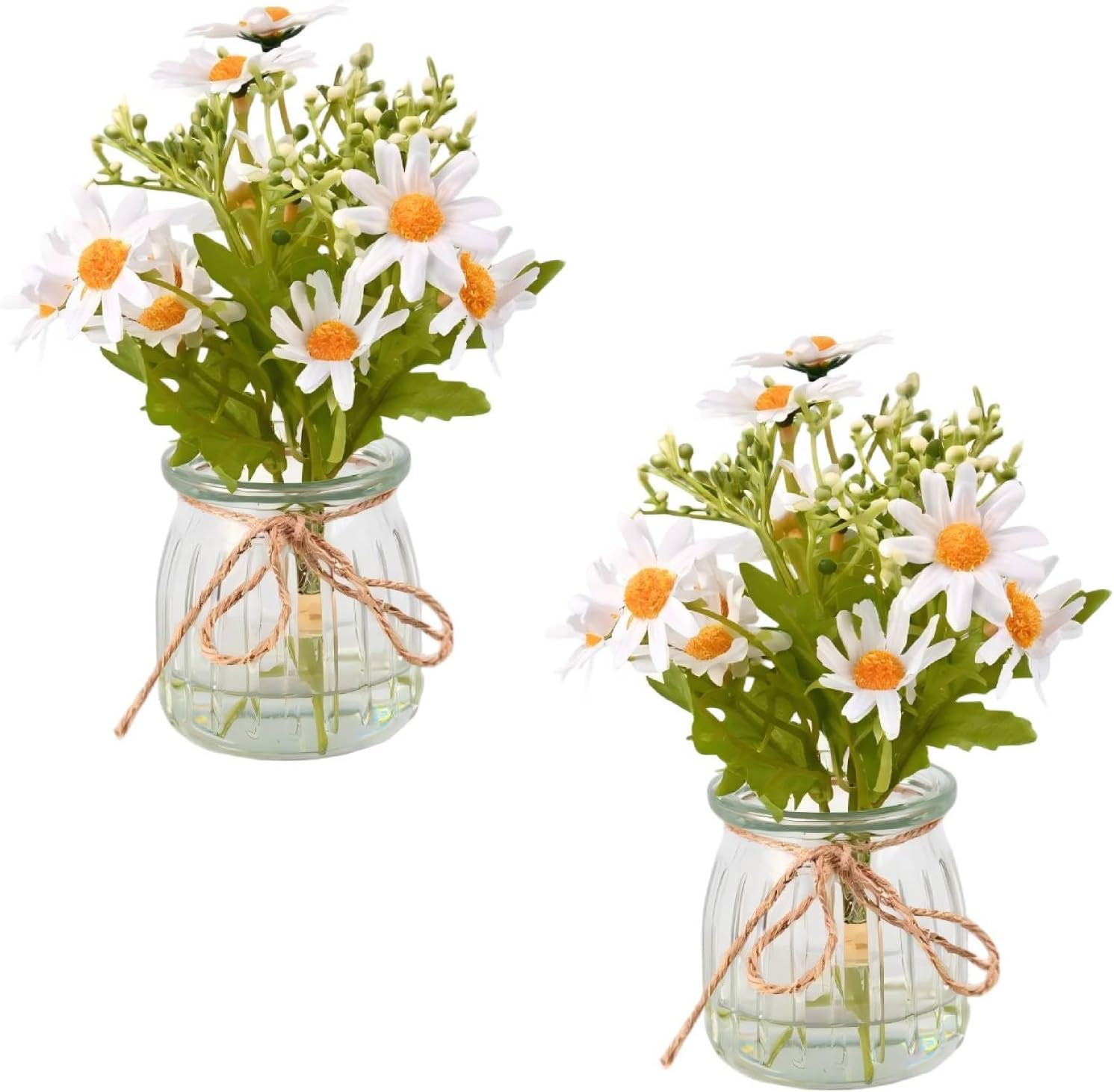 Set of 2 Artificial Daisy Flowers with Glass Vases - Realistic Fake Flowers, Flexible Silk Stems, Perfect for Home Offices, Living Room Tables, Windowsills & Wedding Decor.