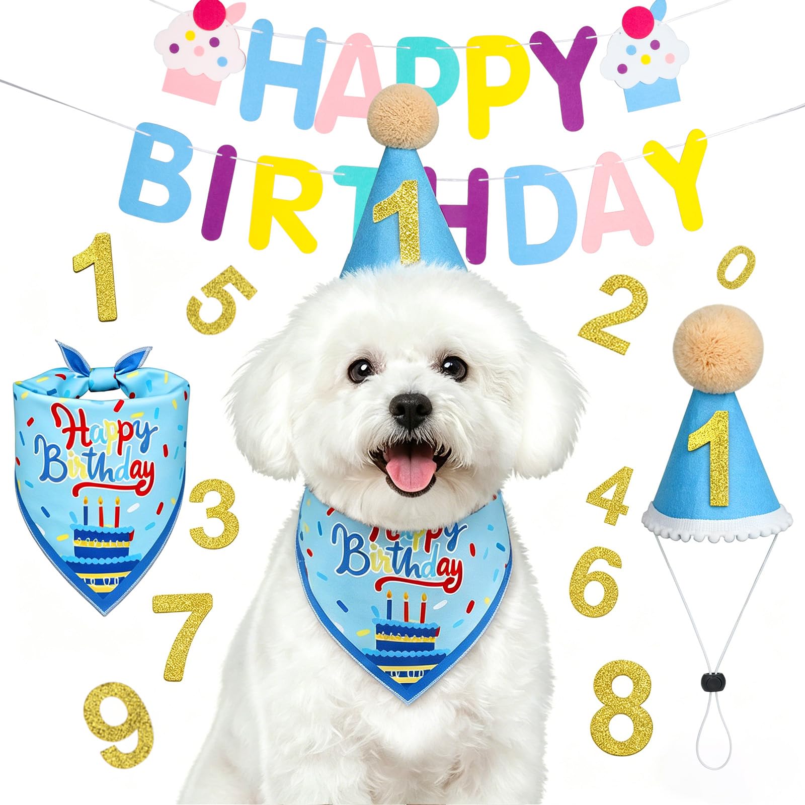 Supet Dog Birthday Decorations for Small & Large Dogs, Dog Boy Girl Birthday Kit with Party Hat | Happy Birthday Banner & Bandana, 1st Birthday Party Set, Pet Birthday Party Supplies (Blue, S) - 2