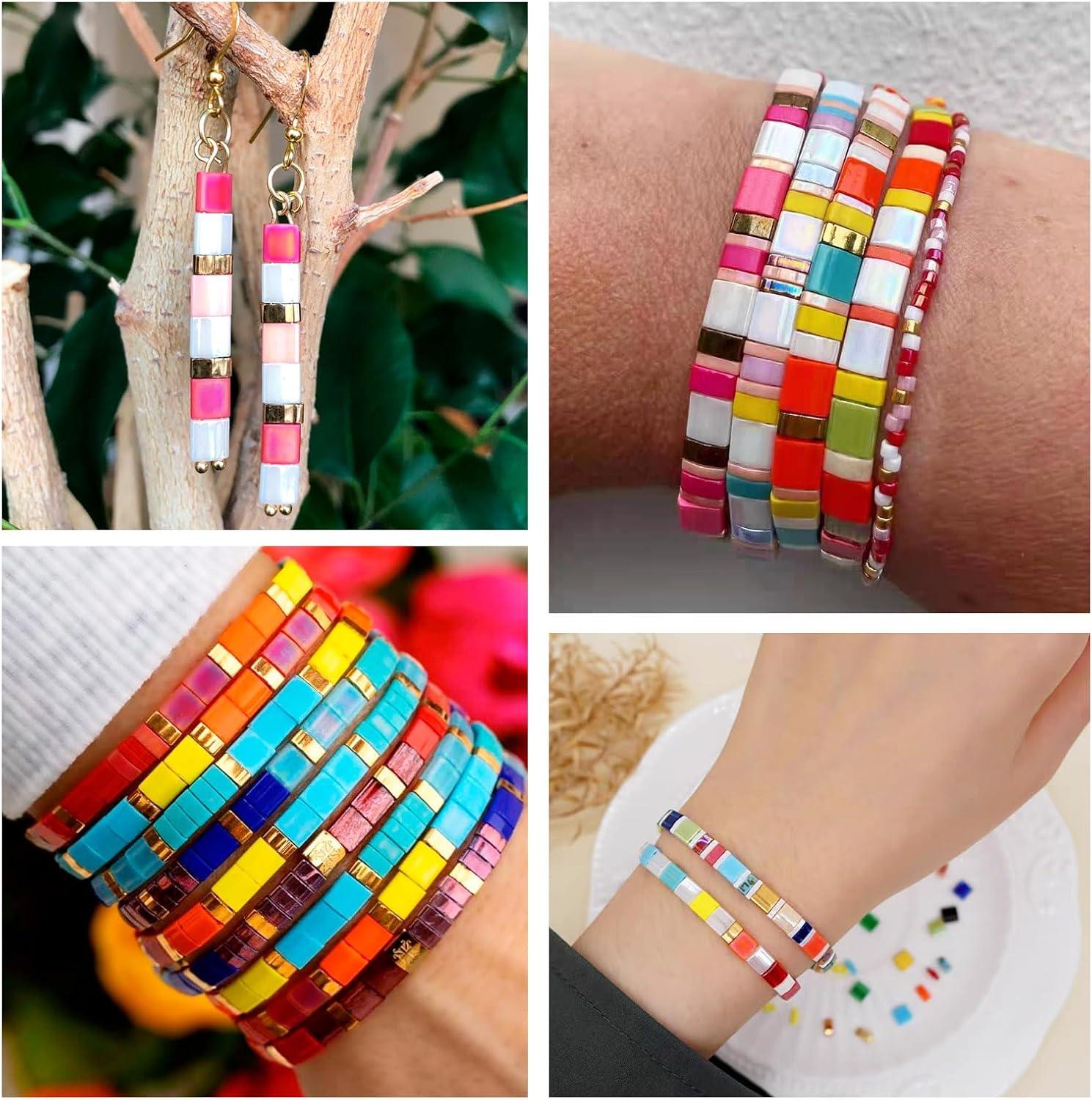 400Pcs 5mm Square Acrylic Tila Beads 10 Colors 2 Hole Seed Beads Flat Tile Beads for Bohemian Crafts DIY Multi Strand Elastic Bracelets Jewelry Making Supplies - Image 5