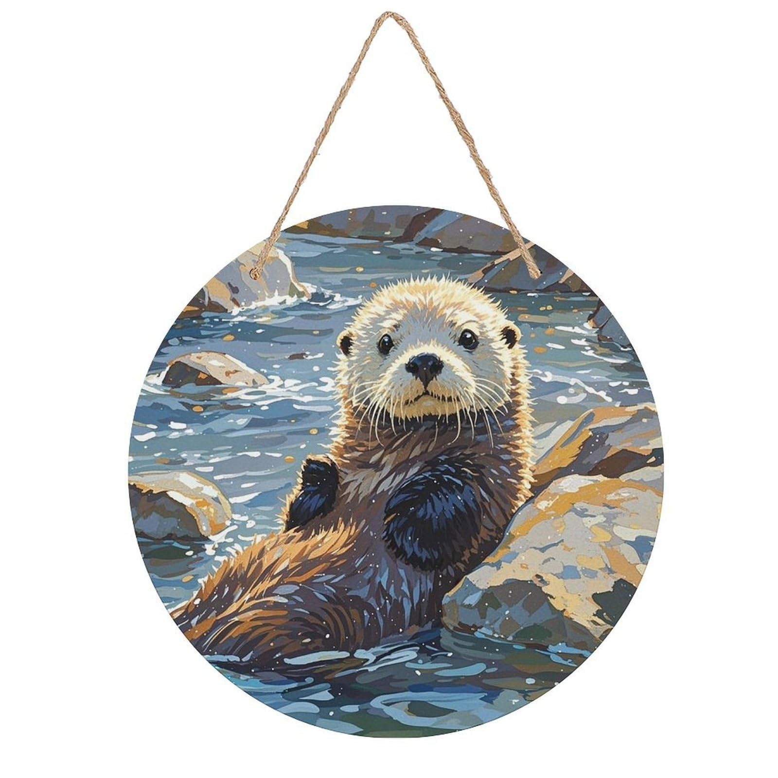 FekiLoot Sea Otters Painting Wall Art Decor Rustic Welcome Sign Round Wood Hanging Sign Decoration Wood Plaque Door Hanger Wooden Signs Wall Hanging Decor Housewarming Gift for Home Outdoor Indoor