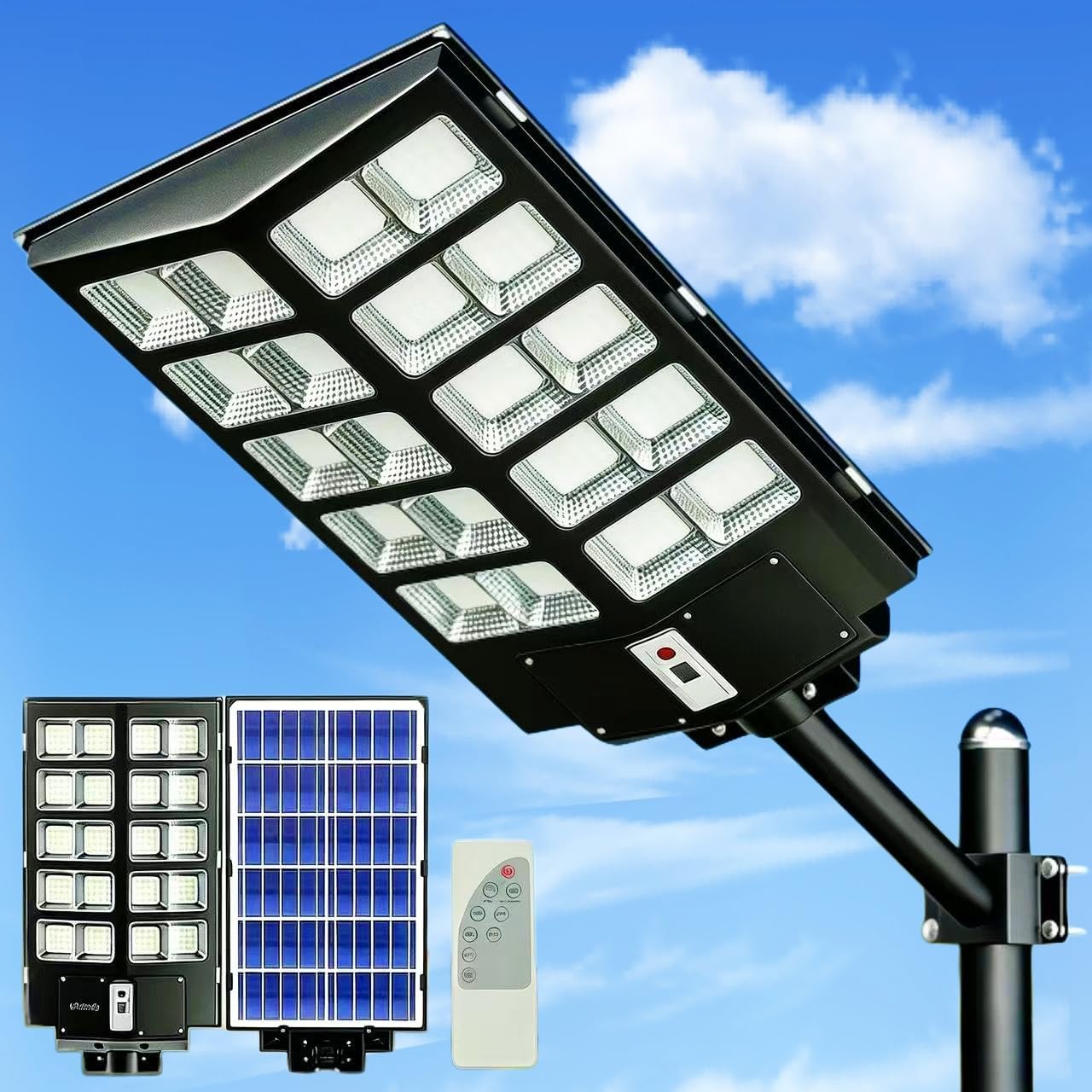 Solar Street Light Outdoor, 800 LED High Lumen Ultra Bright Solar Powered Light, Dusk to Dawn, Motion Sensor with Remote Control, Dimmable Weather Resistant Commercial Lighting for Yard, Garden, Farm
