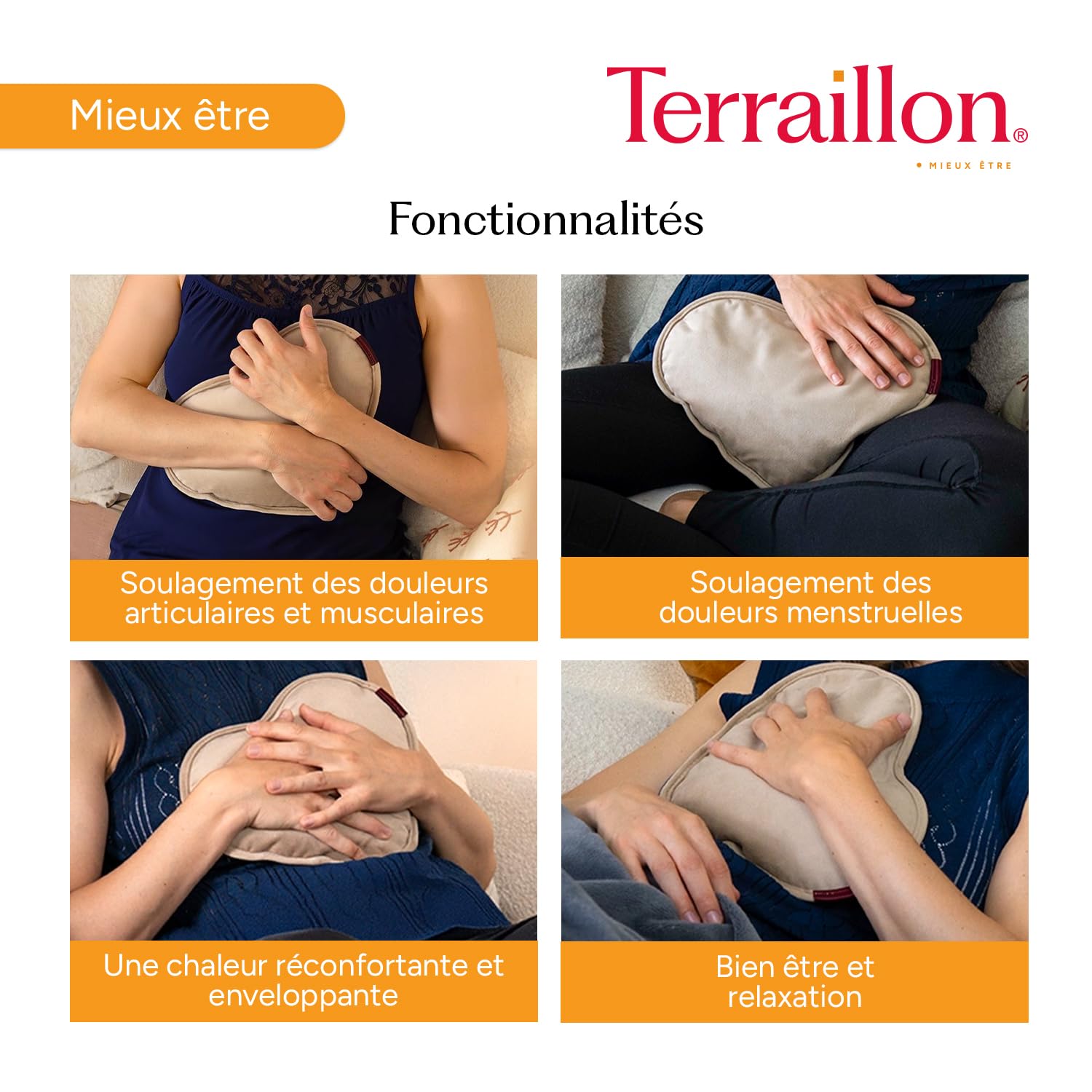 TERRAILLON - WITH LOVE, Bouillotte électrique, finition velours, Chargement rapide 8-12 min, Jusqu'à 6h de chaleur, Soulager les douleurs musculaires-menstruelles-articulaires, Rose beige