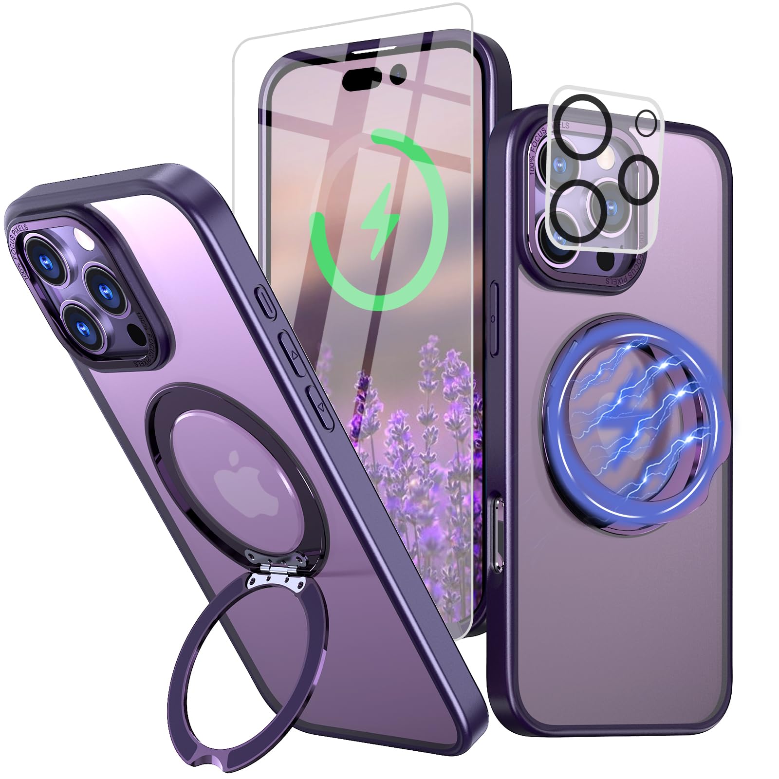 Bonkier for iPhone 16 Pro Case with Screen Protector & Lens Protector [15 FT Military Drop Protection] Magnetic Kickstand Compatible with MagSafe Slim