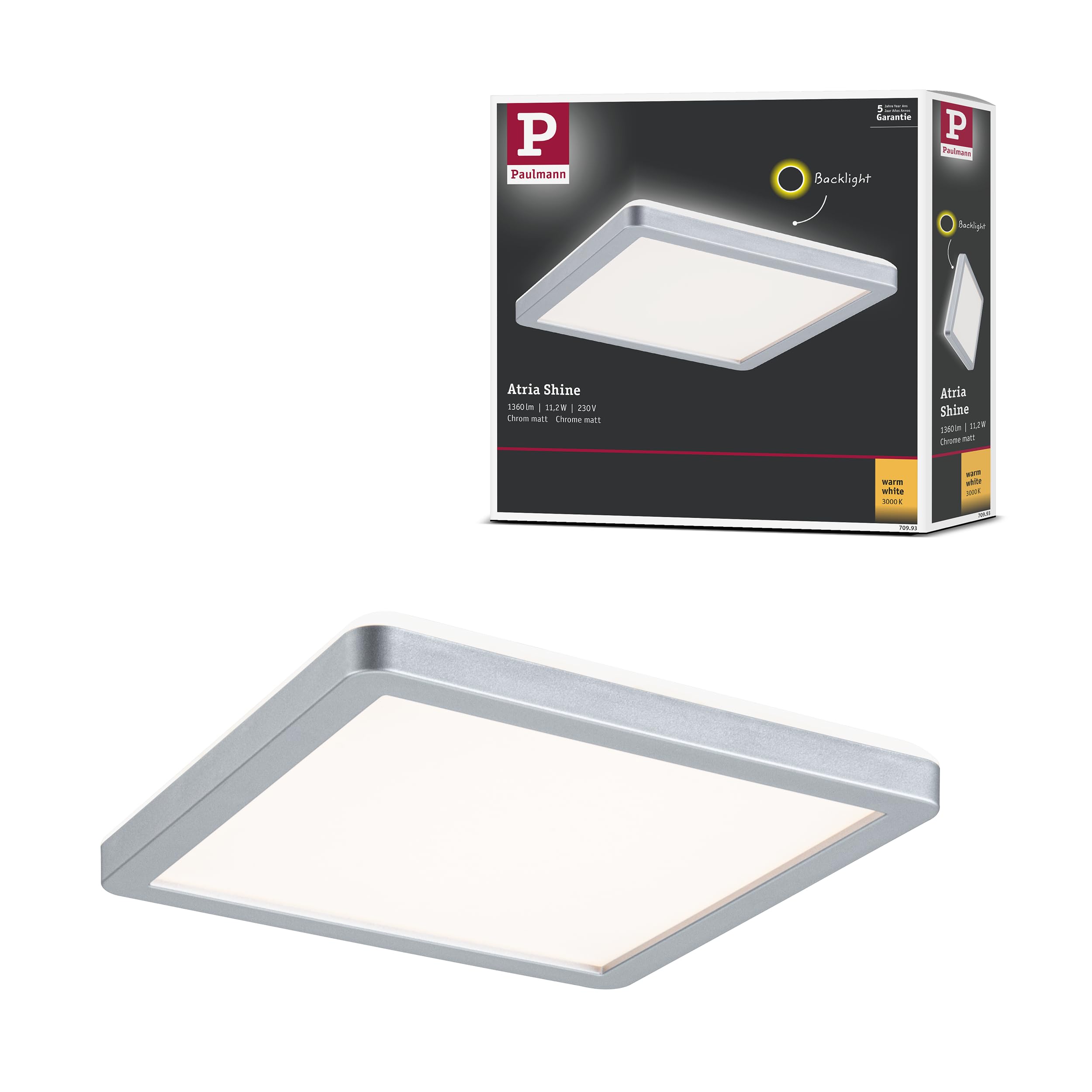 Paulmann 70993 LED Panel Atria Shine 190x190 mm Angular incl. 1x11.2 W Warm White Chrome matt Light Panel Plastic Ceiling Panel 3000 K