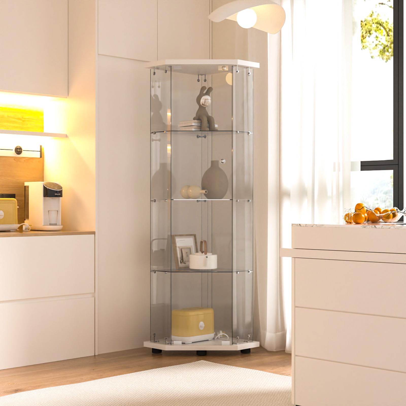 LFT HUIMEI2Y 4-Tier Glass Corner Cabinet with Lock, Display Case White