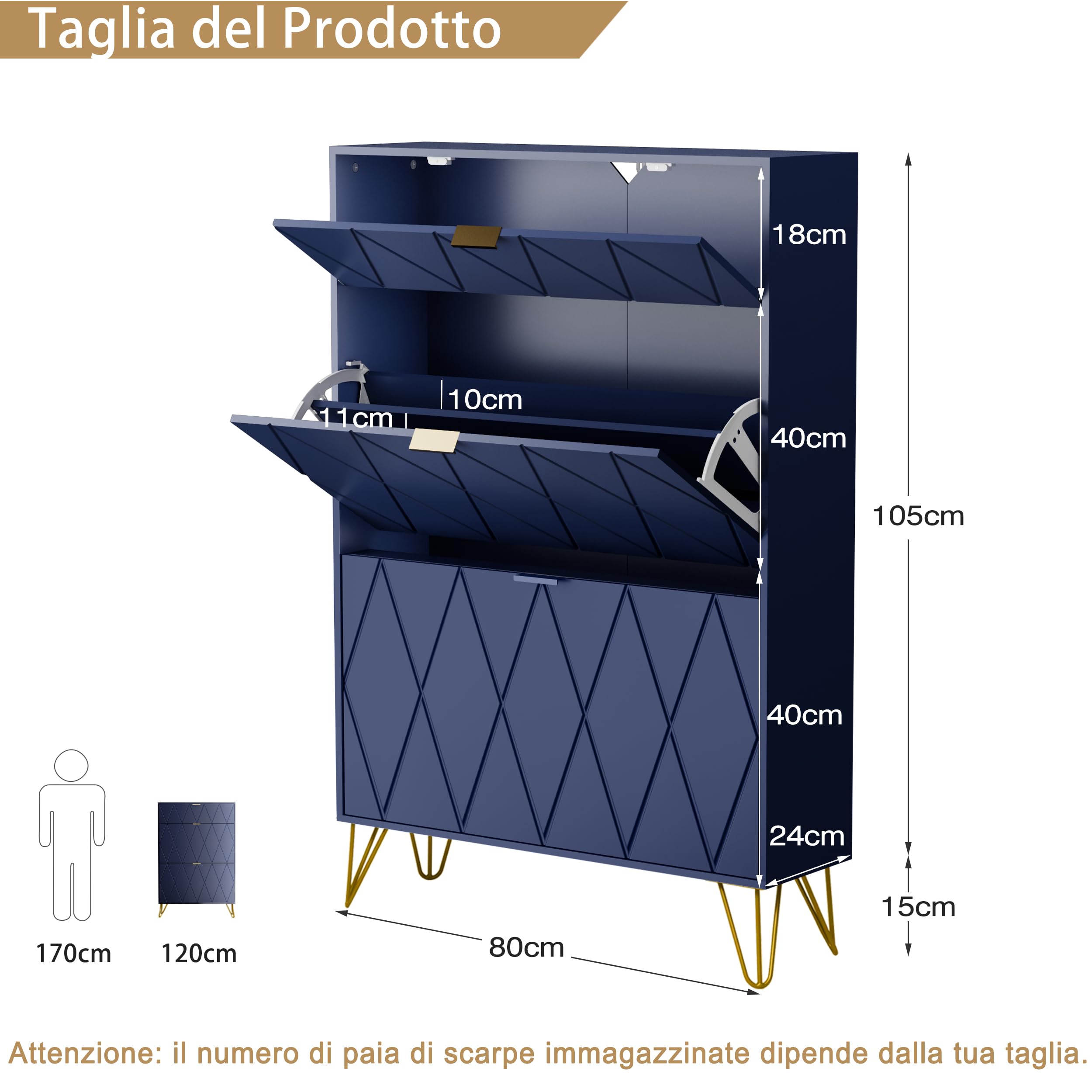 UEV Scarpiera Salvaspazio Slim in Legno Ingegnerizzato, Scarpiera Ingresso da Portascarpe con 3 Ante a Ribalta, Porta Scarpe per 16 Paia, 80 x 24 x 120 cm, Blu