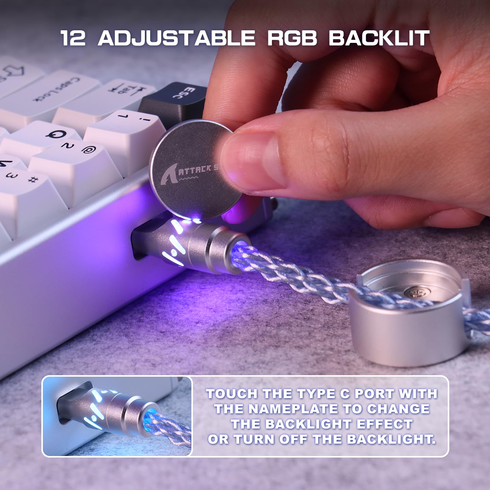 ATTACK SHARK C07 Cable de aviador trenzado personalizado con RGB iluminado, conector de aviación de 5 pines, USB-A a tipo C, placa magnética CNC desmontable para cargar teléfonos, teclado magnético de