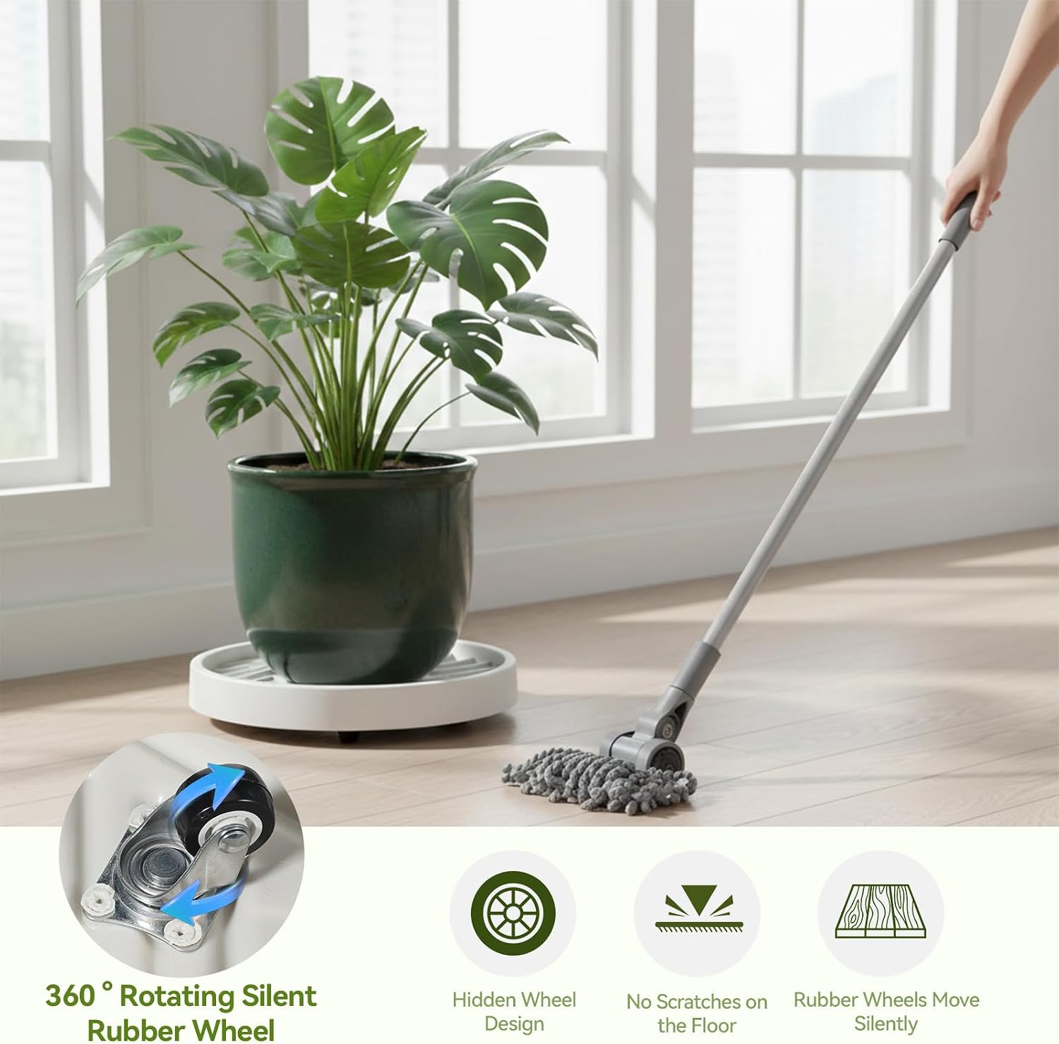 2PCS Round Plant Caddy with Hidden 360 ° Rotating Silent Wheel Wheels, 10 Inch Heavy Duty Rolling Plant Stand with 3pcs Garden Tools for Indoor Outdoor Beige