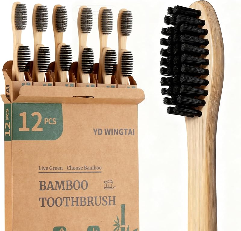 Cepillo de dientes de bambú biodegradable, 12 paquetes de cepillos de dientes de madera, tamaño natural para viajes, carbón orgánico, cepillo de dientes