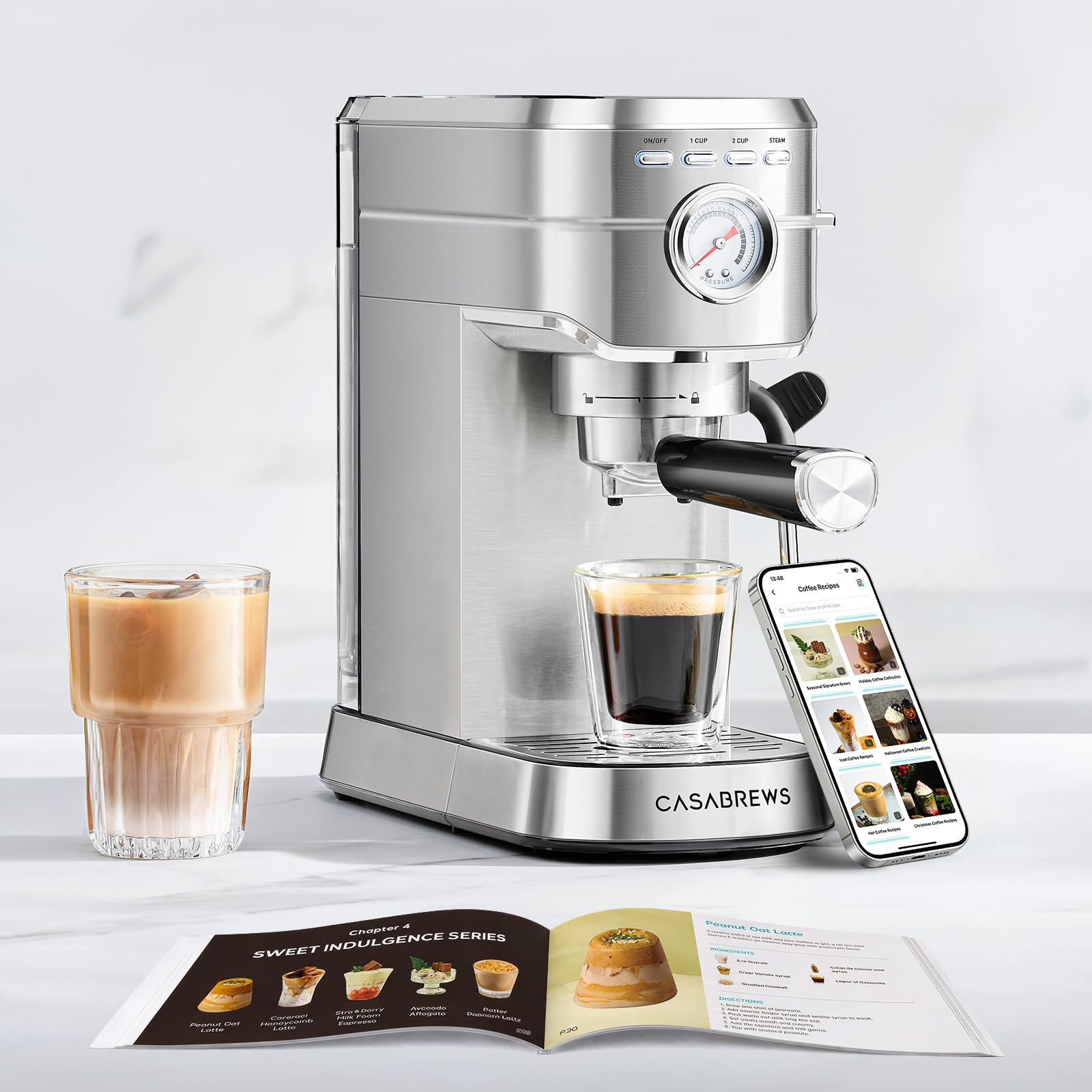 CASABREWS Máquina de café espresso de 20 barras, cafetera profesional con espumador de leche, máquina de café espresso compacta con depósito de agua extraíble de 34 onzas para capuchino, café con