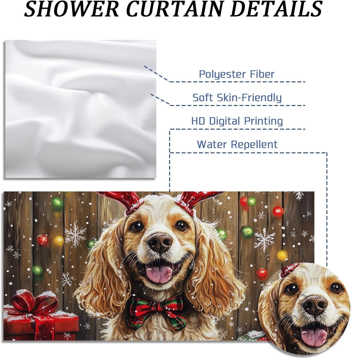 Christmas Cocker Spaniel Dog Shower Curtain, Fun Rustic Xmas Gifts Puppy Shower Curtains for Bathroom Accessory, Holiday Pet Bath Polyester Fabric 72 Inch