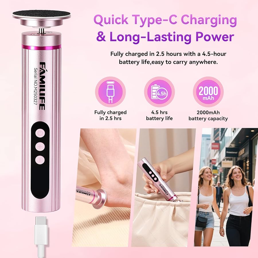 FAMILIFE Electric Foot File Callus Remover – Rechargeable Pedicure Tool with Display Screen, Replaceable Sandpaper Discs, Forward & Reverse Rotation, for Men and Women, image 6