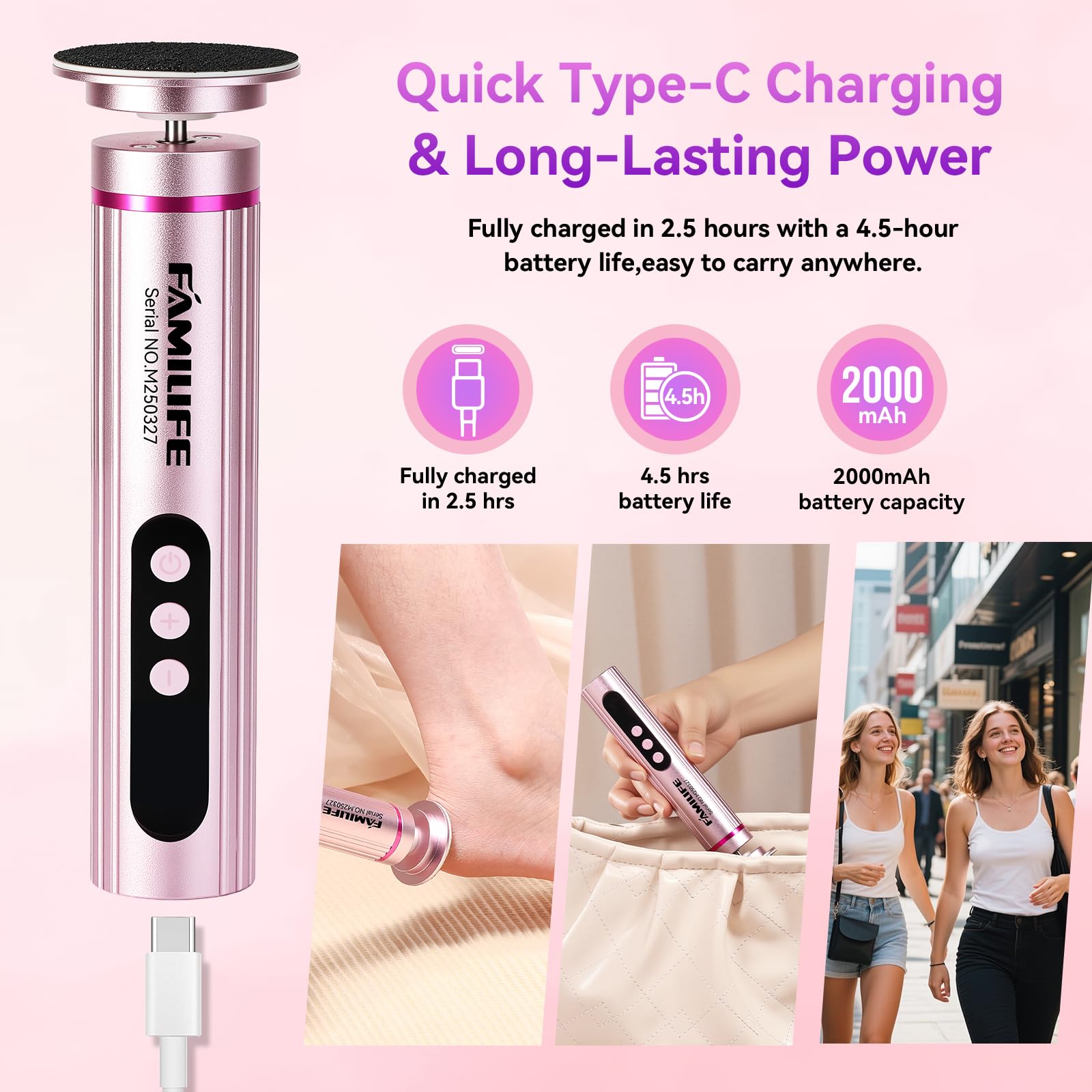 FAMILIFE Lime électrique pour callosités - Outil de pédicure rechargeable avec écran d'affichage, disques de papier abrasif remplaçables, rotation avant et arrière, pour homme et femme
