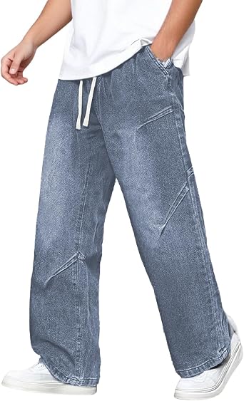 Mens Jeans Baggy Jeans Wide Leg Denim Pants Loose Fit Streetwear Y2K Long Trousers Streetwear Fashion with Drawstring