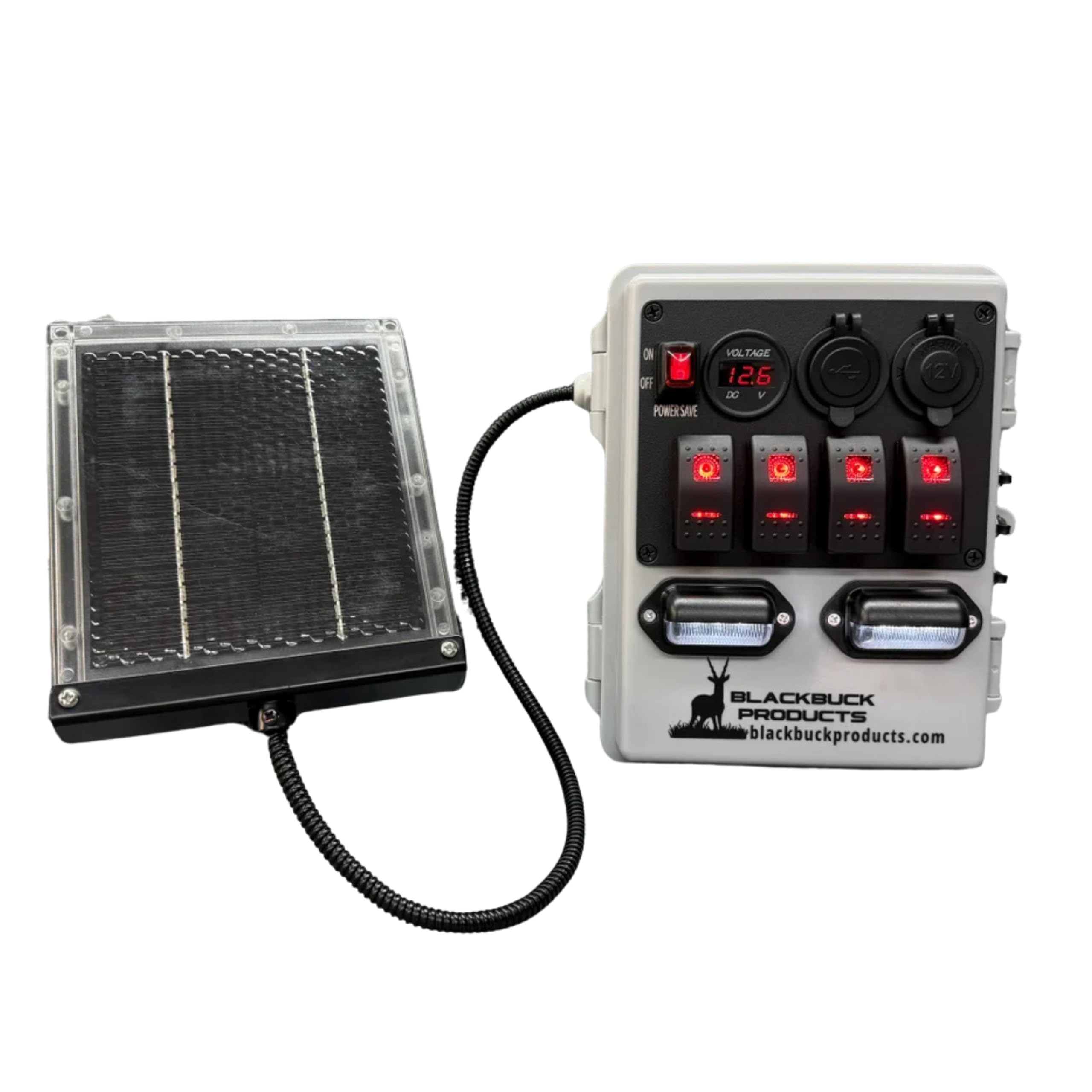 Deer Stand Power Bank z panelem słonecznym, przenośna skrzynka na baterie 12 V, odporna na warunki atmosferyczne obudowa ABS, system ładowania z wieloma portami, światła LED, ochrona bezpiecznika 10 A