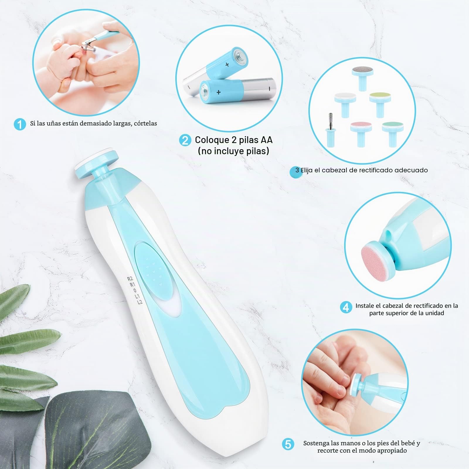 Lima de uñas eléctrica para bebés, cortaúñas 8 en 1 seguro, con 6 cabezales de pulido y luz, kit de cuidado de uñas para todas las edades (azul 1)