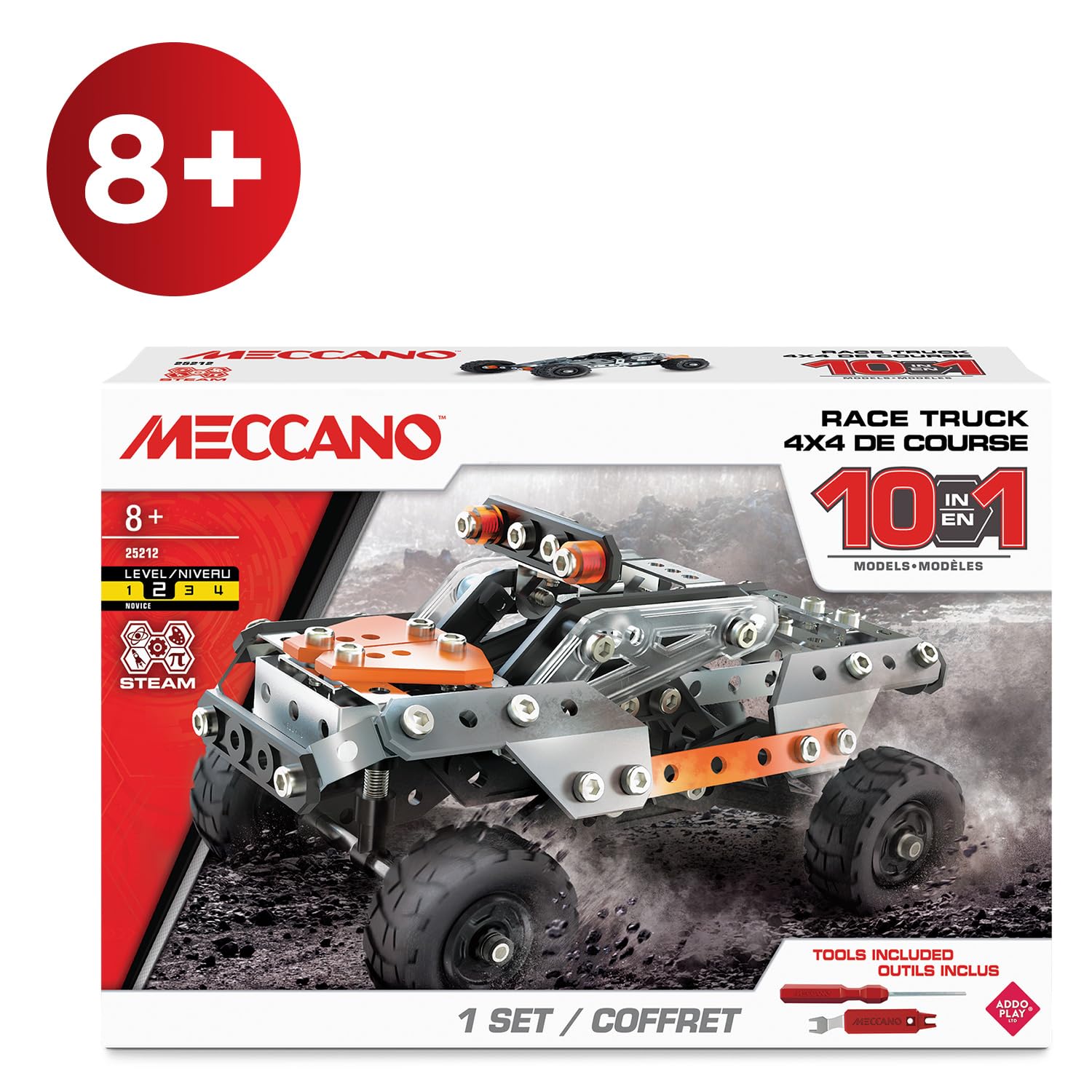 BANDAI – Meccano 4x4 de Course 10 en 1 – Coffret de Construction 10 Modèles – 225 pièces, Outils, Notice – Kit Activité Assemblage Race Truck Voitures de Course – Jouet Enfant 8 Ans et + - APM11115
