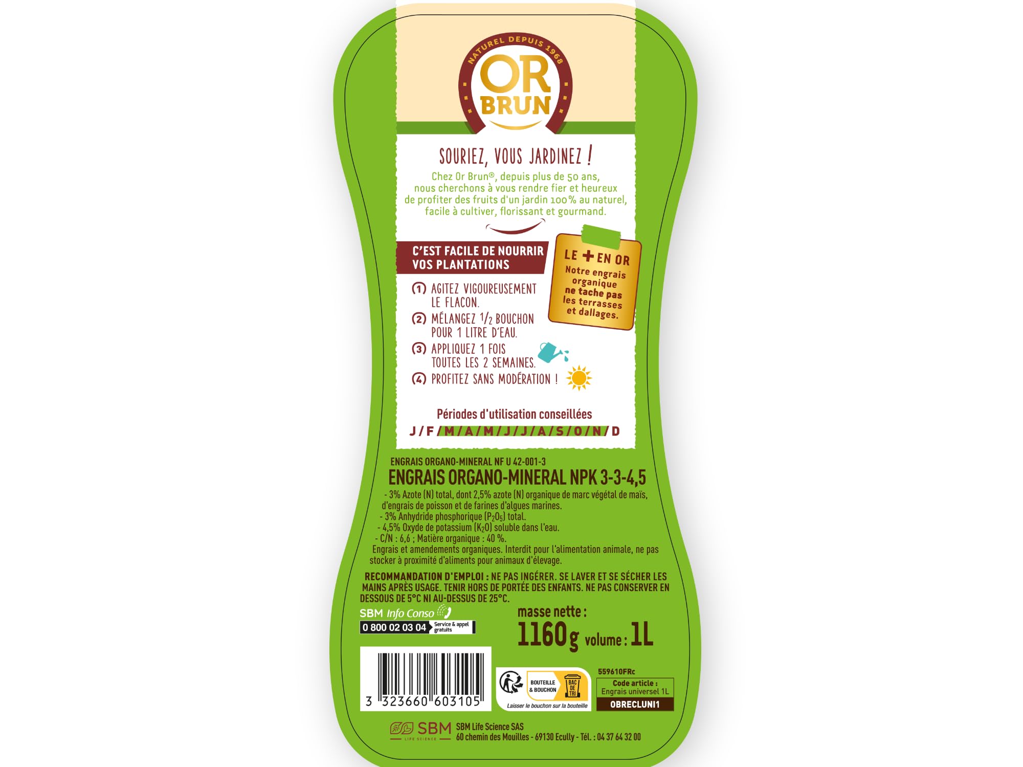 OR BRUN Engrais Universel - 1L - Nourrit Les Plantes & Améliore La Floraison - Fabriqué En France - Utilisable En Agriculture Biologique OBRECLUNI1 (Lot de 3)