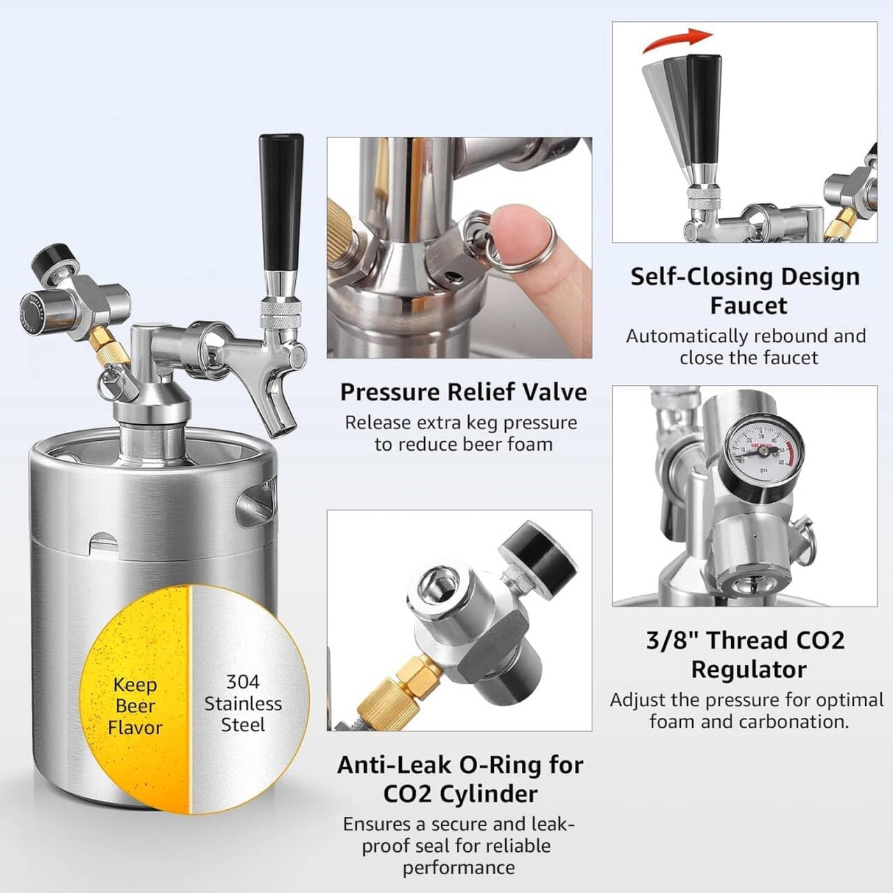 Mini sistema Kegerator de 2 L, barril de acero inoxidable con manómetro y grifo de cerveza, dispensador portátil de cerveza de barril para elaboración casera, fiesta, bar