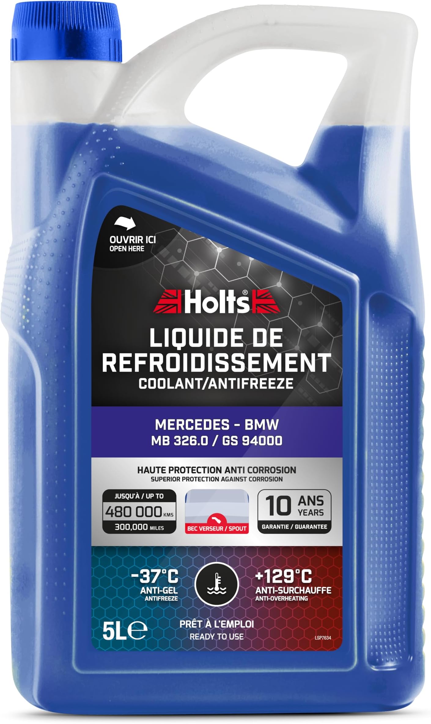 HAFR0008B Antifreeze Coolant for Car Mercedes & BMW, 10-year 300k mile long life, protection to -37°C, Includes Spout, Blue, 5 Litre