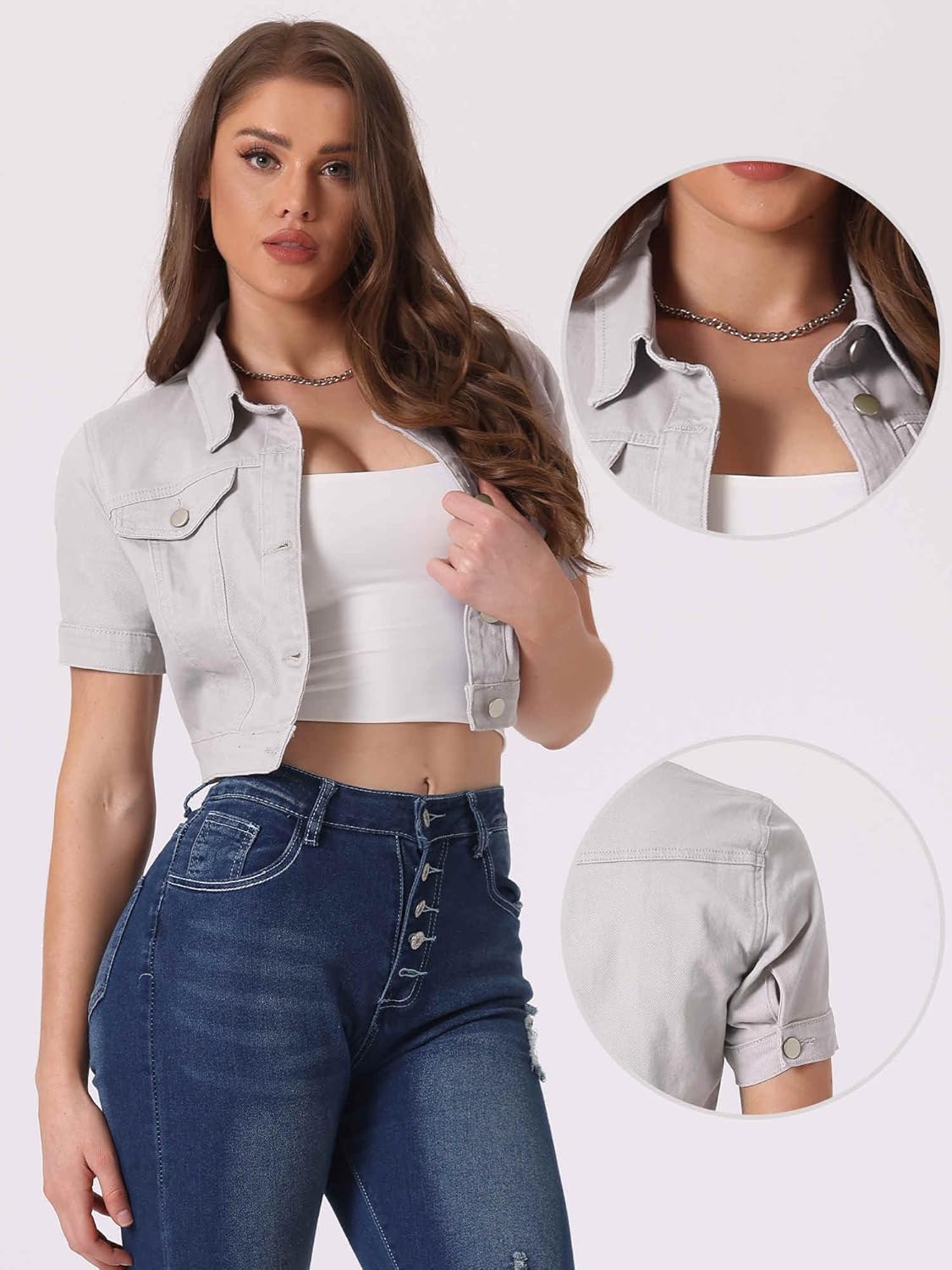 Allegra K Casual Denim Jacket for Women Short Sleeves Crop Jean Denim Jacket - Image 3