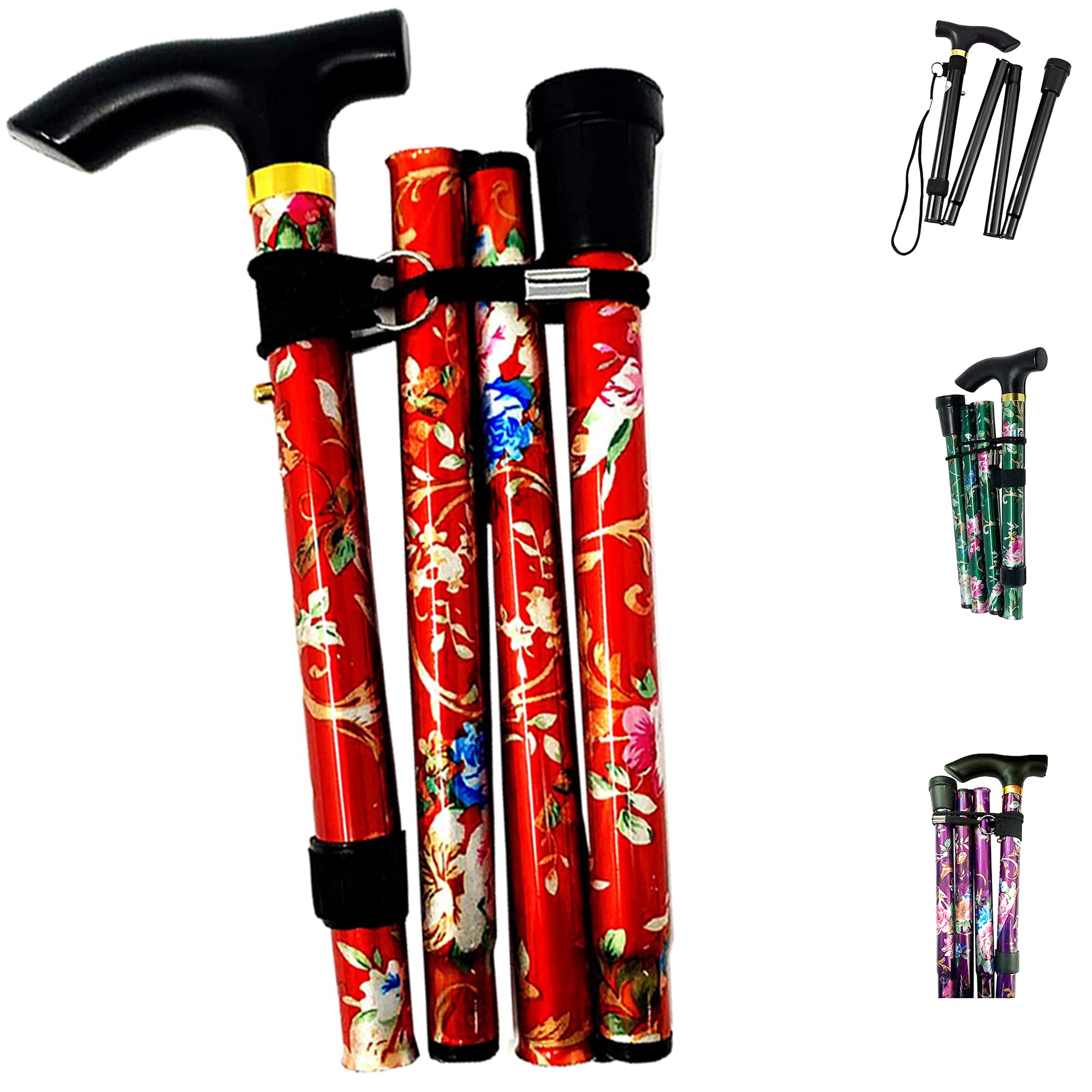 PLASTIFIC Walking Stick, Easy Adjustable Height Folding Extendable Walking Cane, Lightweight Flexible and Durable Walking Aid Mobility Aid Collapsible Walking Stick (Red Flower)