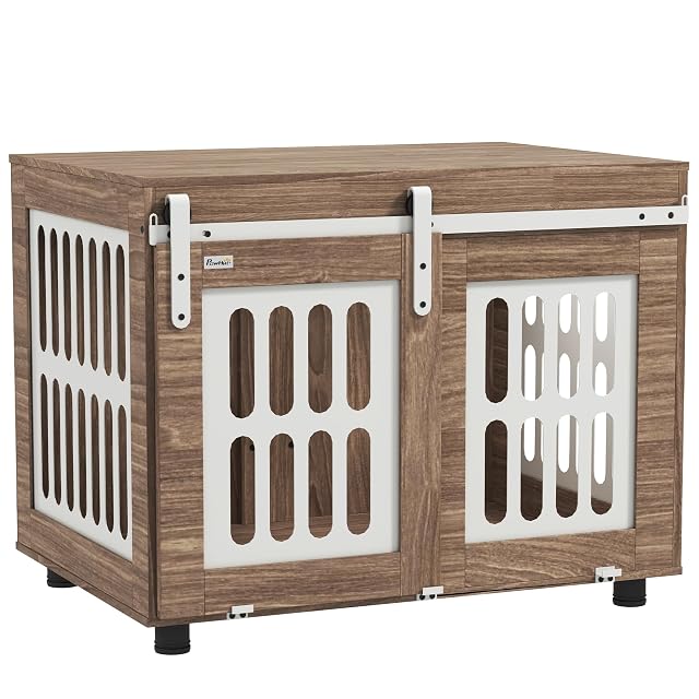 PawHut Jaula para Perros Mueble con Puerta Corredera 80x59x63cm Nogal