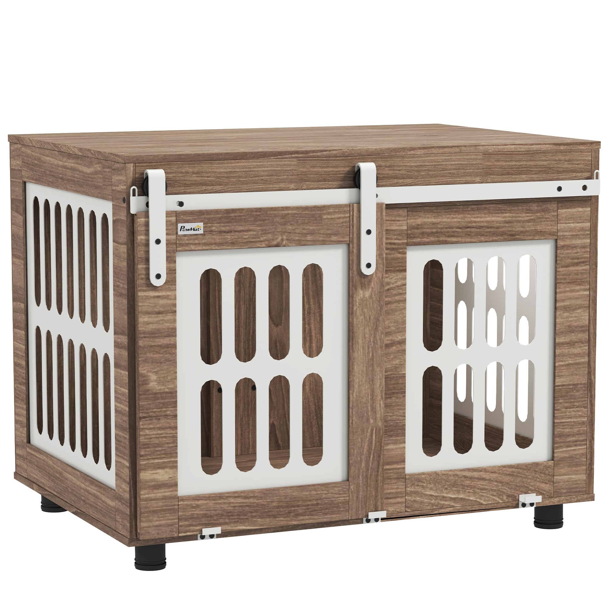 PawHut Jaula para Perros con Puerta corredera, caseta para Perros de tamaño Mediano, Buena ventilación, Mesa Lateral con Patas Ajustables, 80 x 59 x 63 cm, Nogal