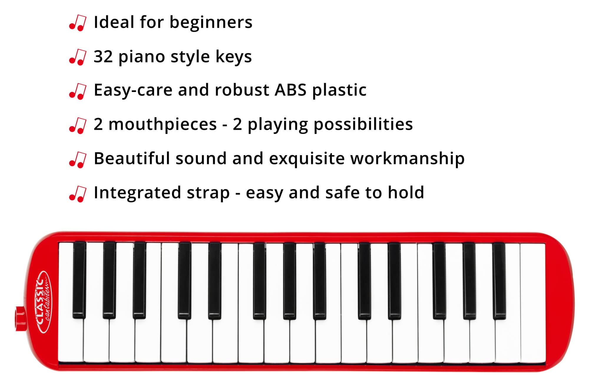 Classic Cantabile FML-32 RD Melodica de 32 teclas (rango f-c³) con folleto de 5 canciones, pegatinas, estuche, boquilla y tubo de soplado. Color rojo.