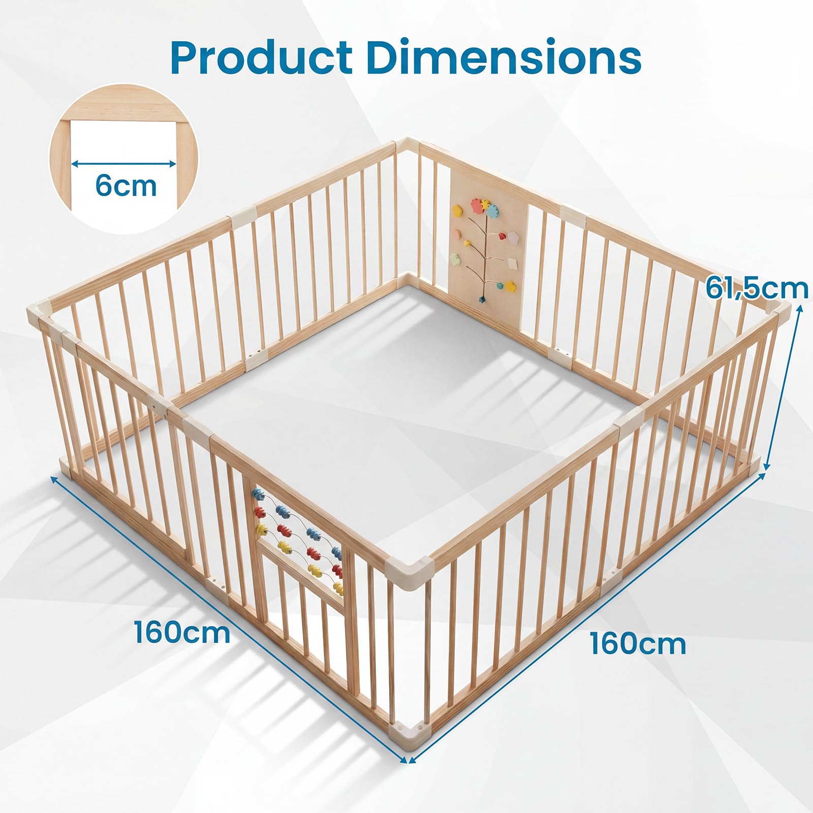 RELAX4LIFE Parc Bébé en Bois Pliable Montessori, Barrière de Sécurité 8 PCS | en Bois Non Peint avec Panneau d'Activités, Portillon de Sécurité, Barreaux Écartés 6cm, Gain de Place, 160x160cm