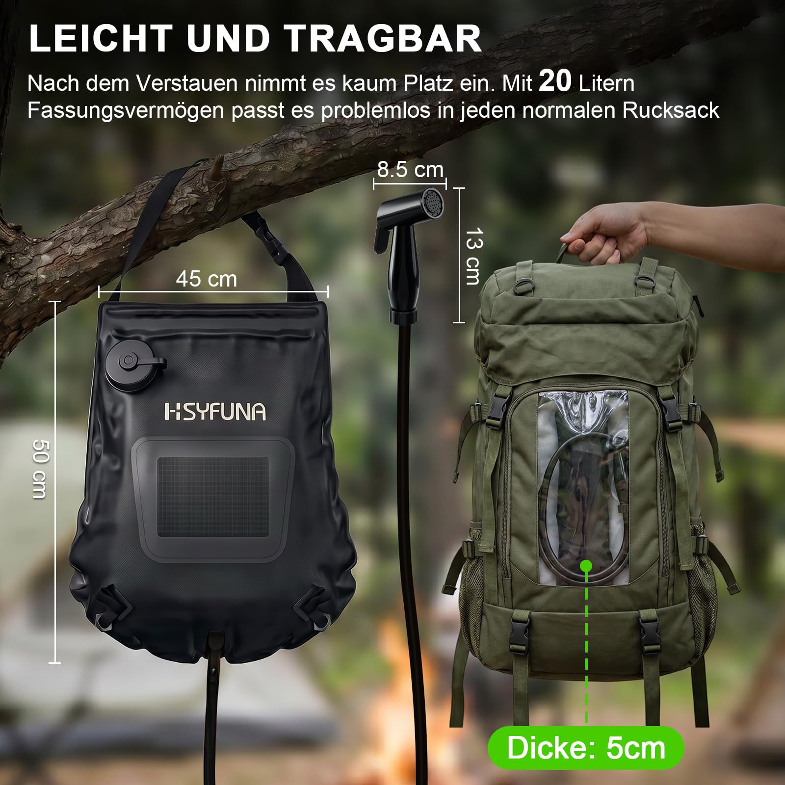 Campingdusche,5 Gallonen/20L mit Temperaturanzeige Solardusche Camping,Warmwasser 45°C Camping Dusche Outdoor,für Wandern Klettern