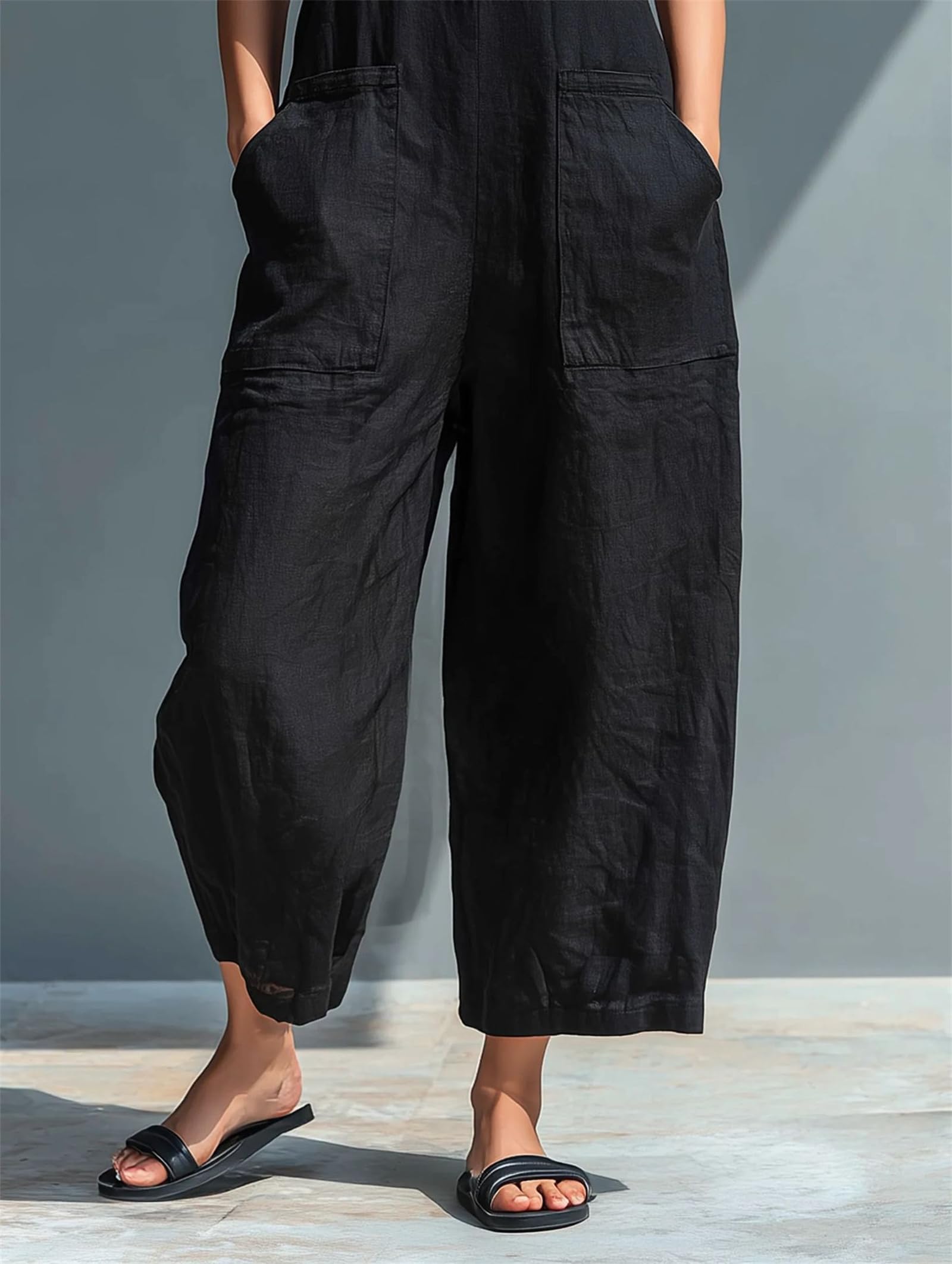 Damen-Jumpsuit aus Leinenmischgewebe mit Stehkragen, Knopfleiste, ärmellos, locker geschnitten, weites Bein und Taschen
