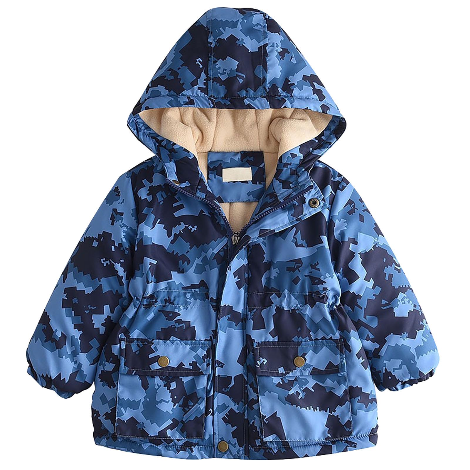Chaqueta acolchada para niños [3-14 años] chaqueta de invierno cálida a prueba de viento con capucha estampado dinosaurio cremallera parka para otoño invierno, camuflaje azul, 116