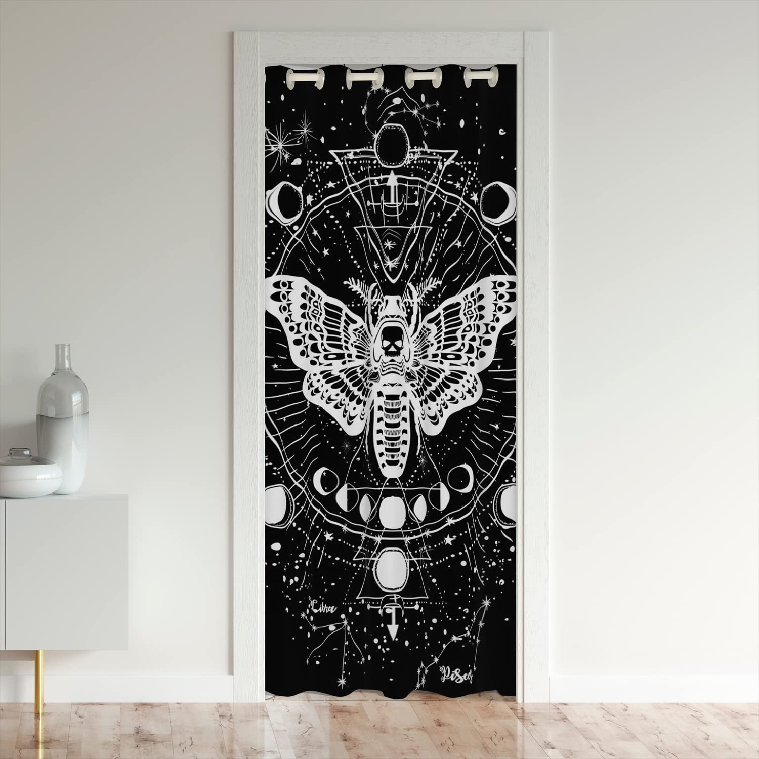 Rideau Porte Crâne Papillons Nuit 106x203cm - Style Boho Lune Étoiles - Intérieur/Extérieur - Occultant Partiel