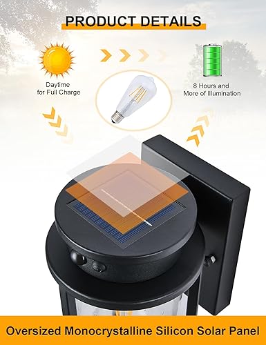 Miniatura 2 de Lámpara de pared solar para exteriores, sensor de movimiento, lámpara de pared exterior con atardecer a amanecer, montaje en pared