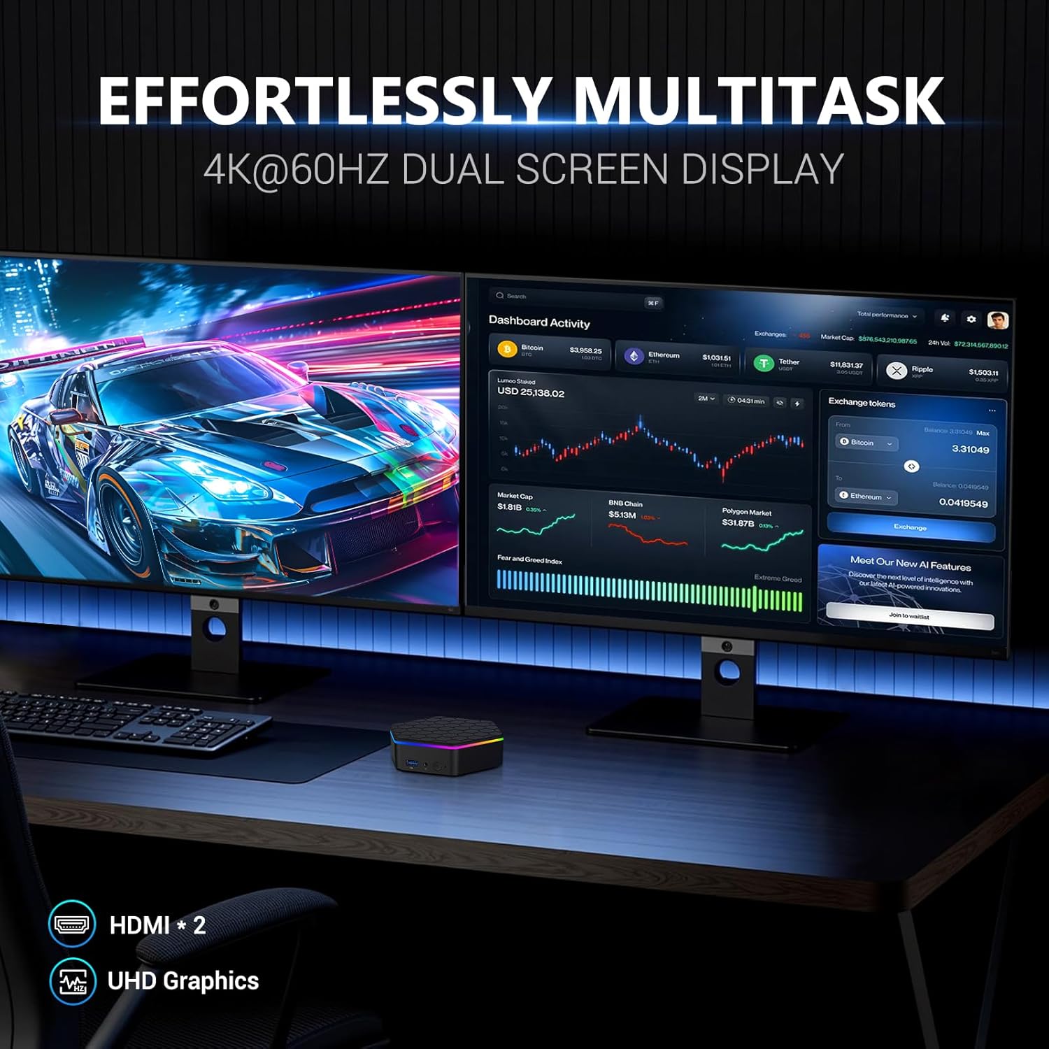 డ్యూయల్ డిస్ప్లే కోసం SOAYAN మినీ PC రెండు 4K మానిటర్లకు కనెక్ట్ చేయబడింది.