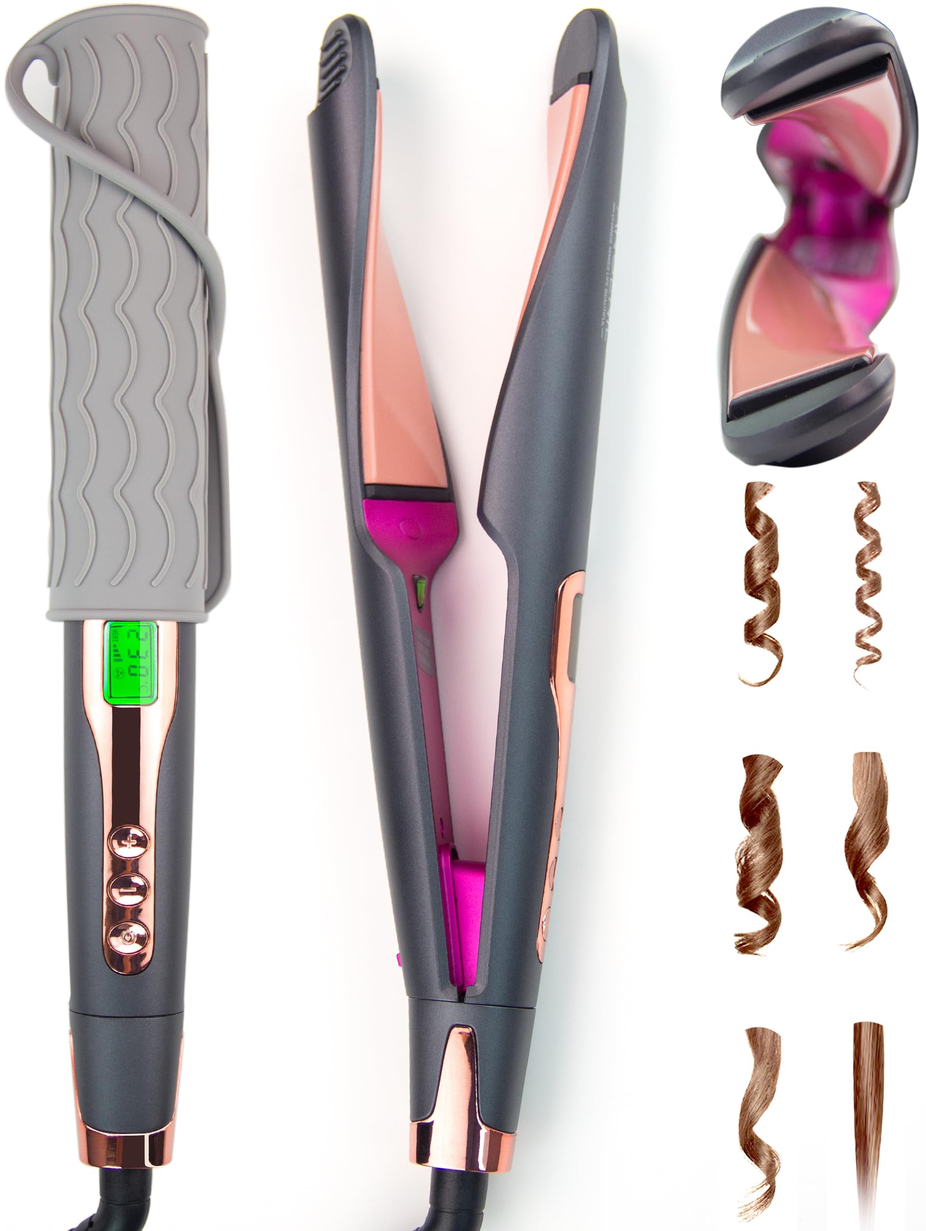 ANGENIL Pro Twist Ceramic Flat Iron 1 Inch, Dual Voltage Hair Straightener and Curler 2 in 1, Multi-Stylers Round Flat Iron Hair Curling Iron, Fast Heating LCD Display, 11 Adjustable Temp (250℉-450 ℉)