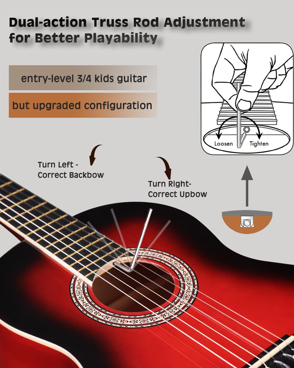 Winzz Gitara koncertowa 3/4, klasyczna gitara dla początkujących dla dzieci - czerwona błyszcząca (36 cali)