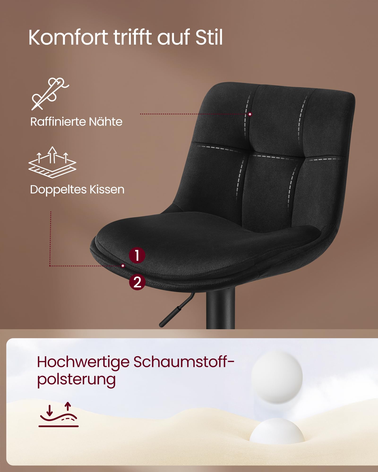 VASAGLE Barhocker 2er Set, Barstühle höhenverstellbar, drehbare Küchenhocker, Samtbezug, mit Rückenlehne und Fußstütze, Esszimmer, Theke, tintenschwarz LJB198BH01