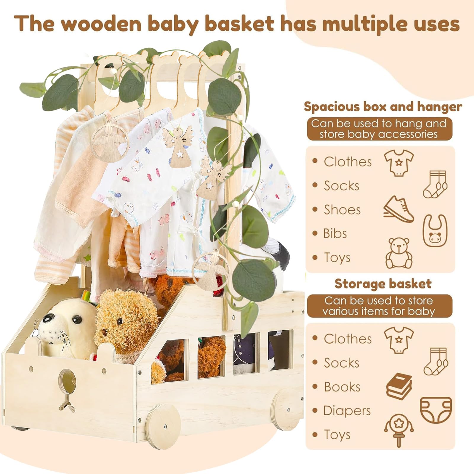 Caisse en Bois Rangement Bébé - Panier Penderie Bébé avec Roues, Poignée et 5 Cintres | Idéale Cadeau Fête Prénatale & Rangement Vêtement Bébé