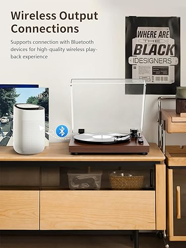 Miniatura 4 de Tocadiscos de transmisión por correa con salida Bluetooth, soporte de conectividad de 2 velocidades (33 y 45 RPM) Línea de salida RCA, reproductor