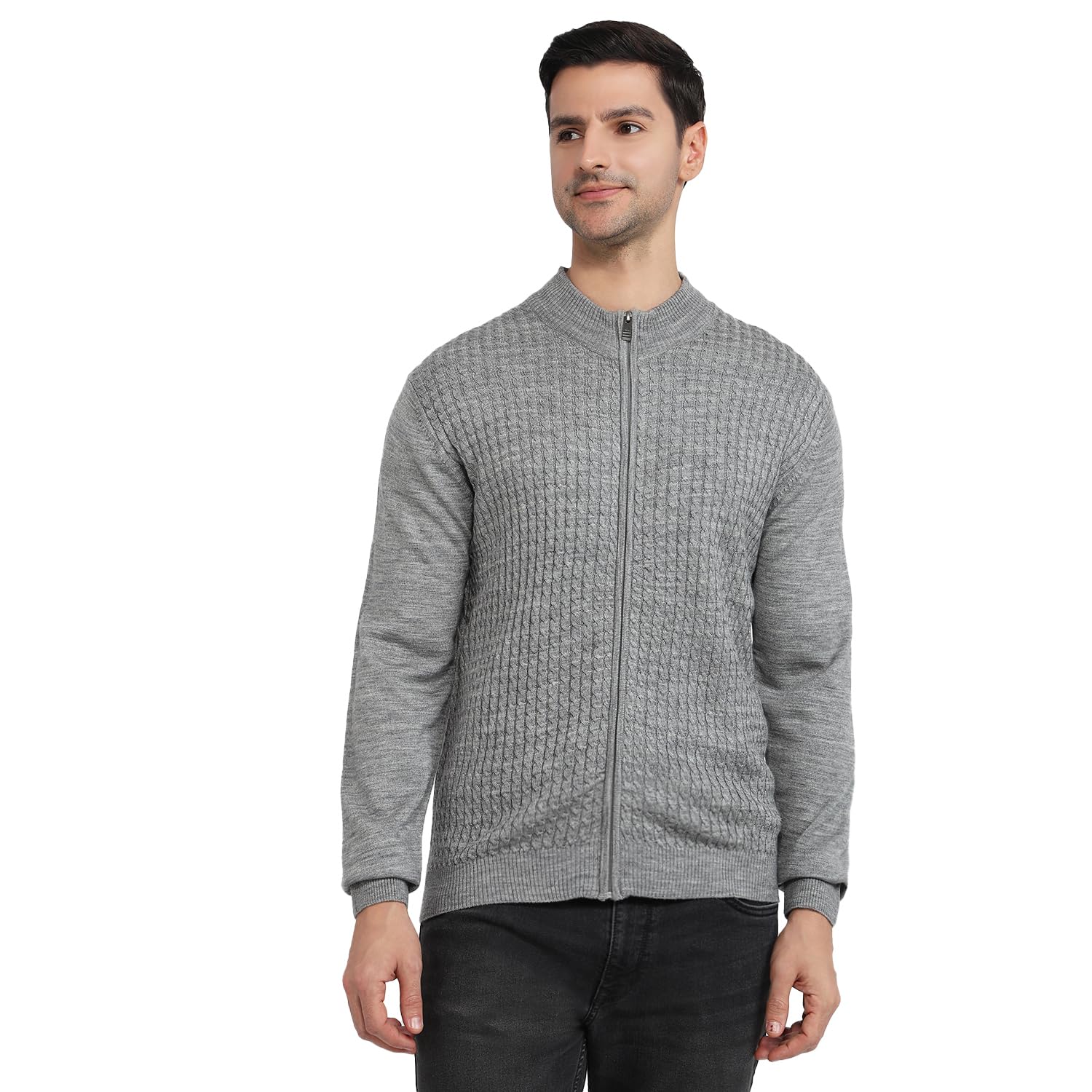park avenue Men Regular Fit Structure Pattern Merino Wool Acrylic Blend Full Sleeve High Neck Casual Sweater Grey-picture-24