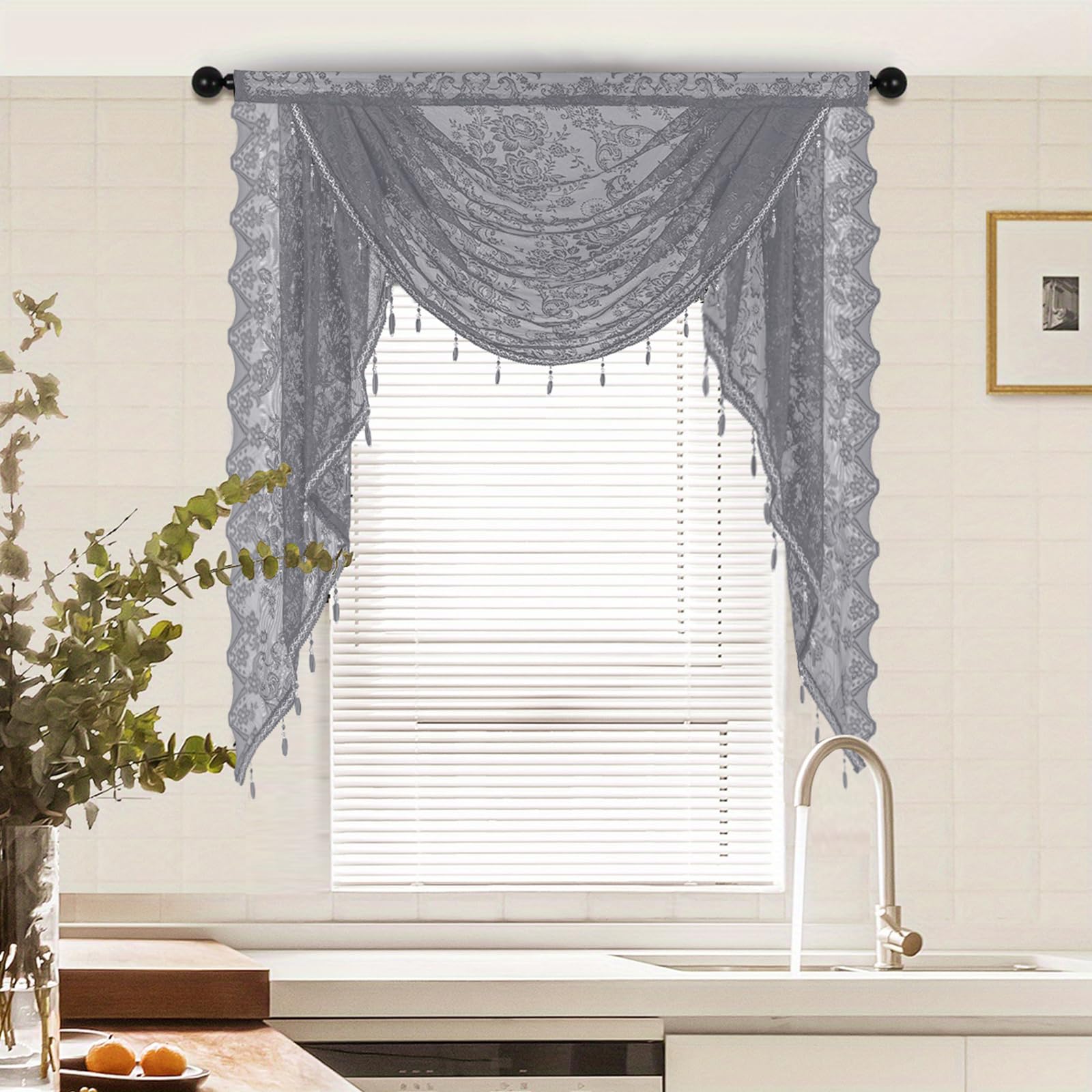 Lace Swag Valance Curtain 1 Panel Semi Sheer Light Filtering Privacy Floral Patterned Valances with Tassel Voile Swags for Kitchen Cafe Bedroom Bay Windows (A - Grey, W 39.4" x L 41.4" (1 Panel))