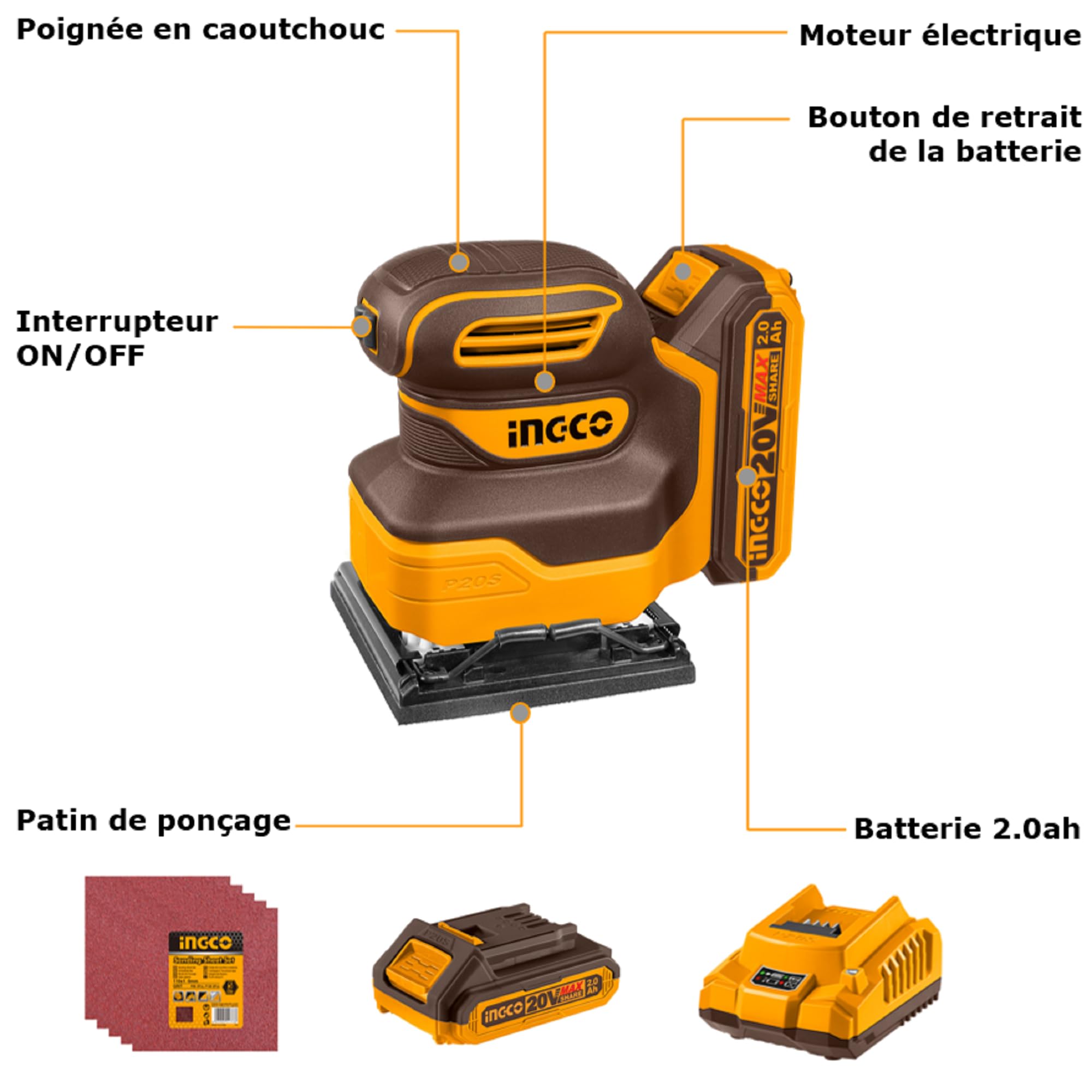 INGCO Ponceuse Vibrante Sans Fil 20V Ponceuse Multifonction Sans Fil Ponceuse À Main à Quart de Feuille Sans Fil 12000 tr/min avec 1 Batterie 2,0Ah et Chargeur CSHSLI20141