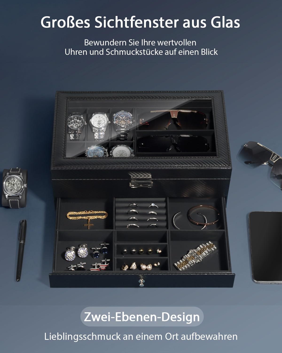 Uhren- und Sonnenbrillenbox mit Glasdeckel – Schmuckkasten für Herren, 6 Fächer, 2 Ebenen, Uhrenetui mit Schloss, Aufbewahrungsbox & Display – Vatertagsgeschenk, Geschenk für Männer