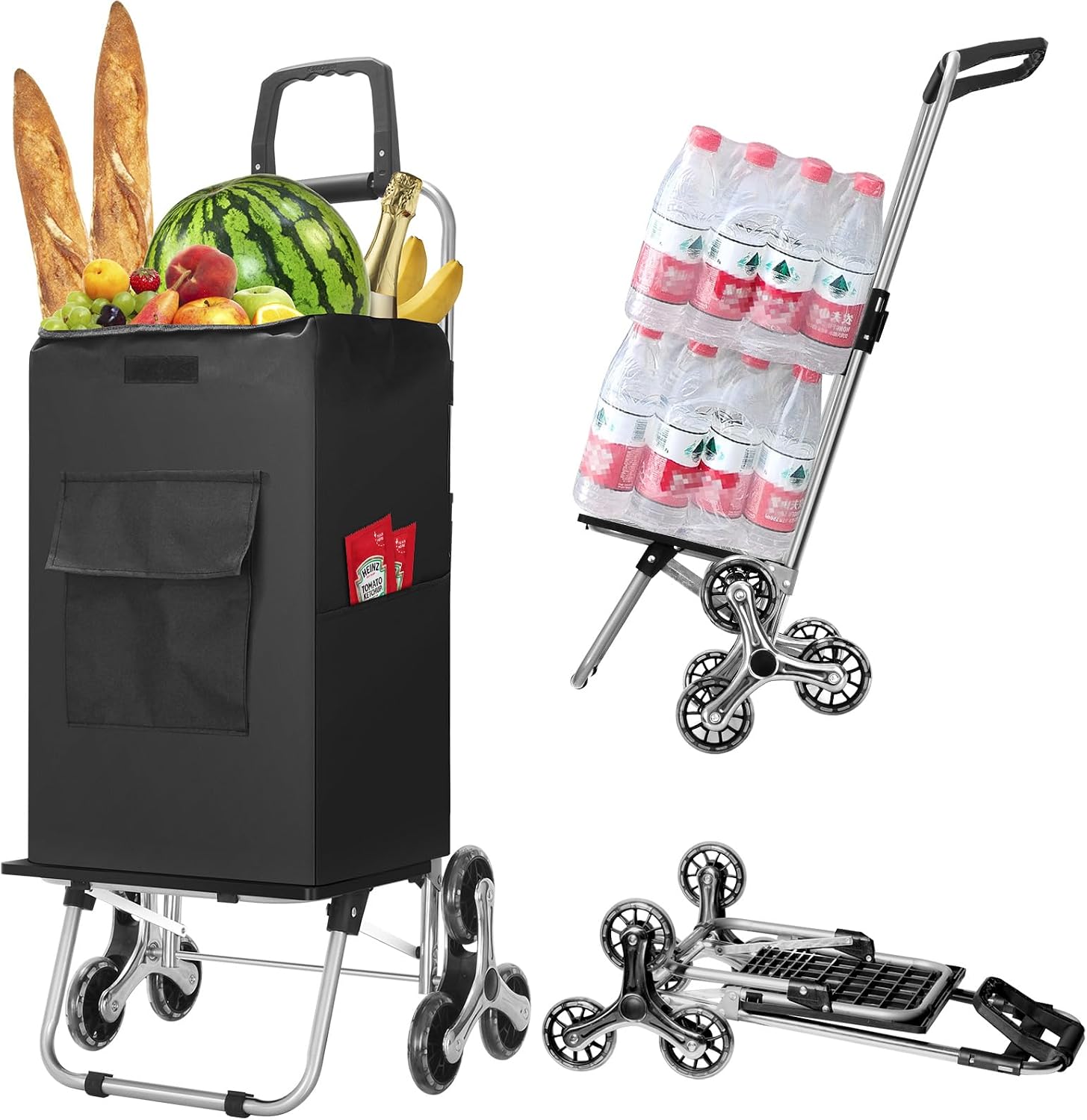 Loading Stair Climbing Shopping Cart, 180Lbs Portable Folding Grocery Carts, Collapsible Shopping Cart with Removable Waterproof Bag & Adjustable Handle, Shopping Trolley for Senior,Laundry, Black