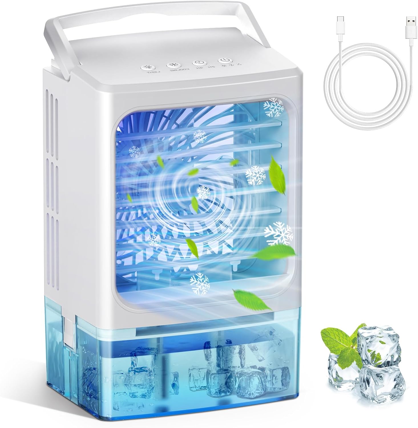 Portable Air Conditioners, 3 Wind Speed with Icy Mist Mode Portable AC Unit, 900ML Tank Evaporative Air Cooler Fan Blow Cold Air, Mini Cooling Fan with 2/4H Timer 7 Lights for Bedroom Office